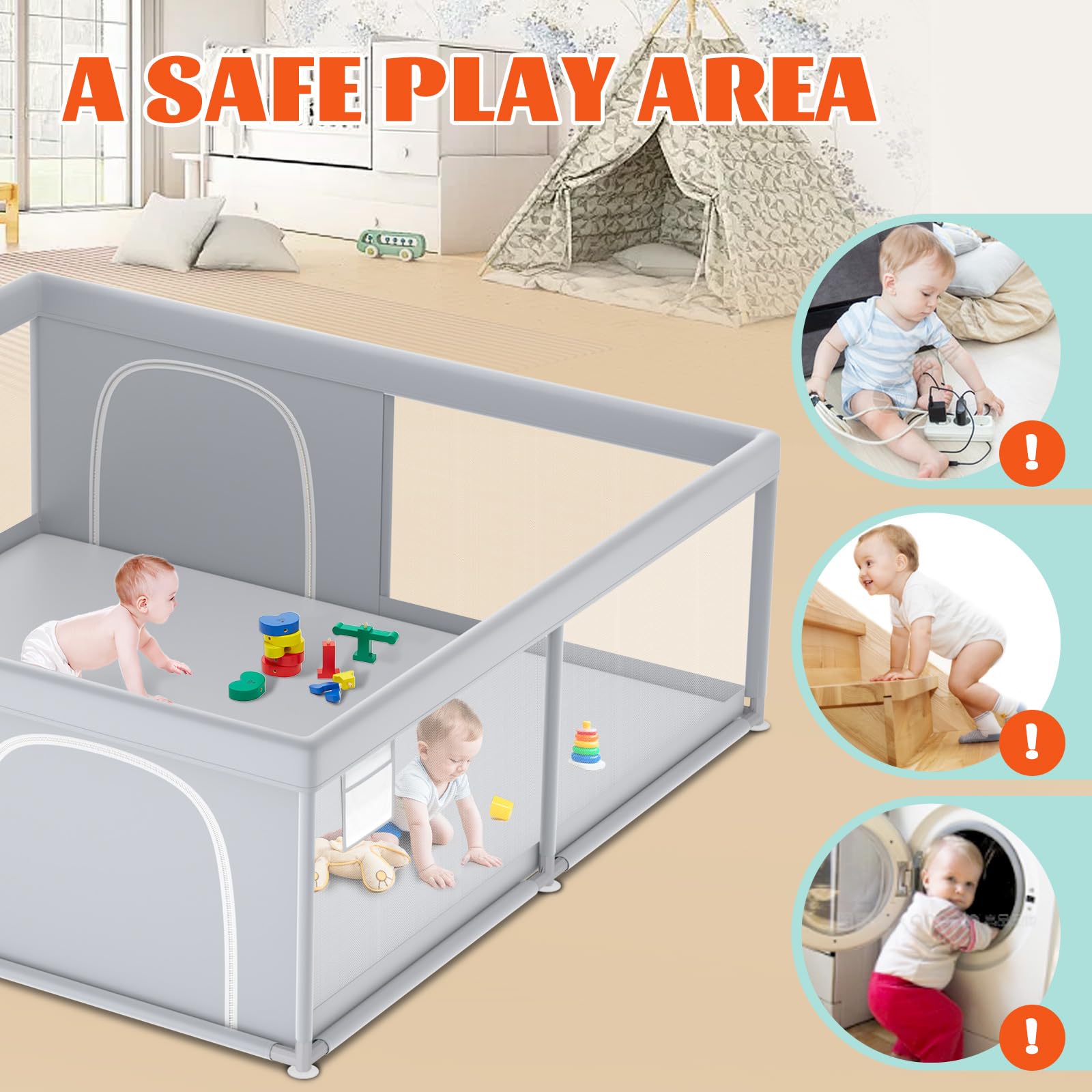 XVISHX large playpen corner view demonstrates ample indoor roaming space.