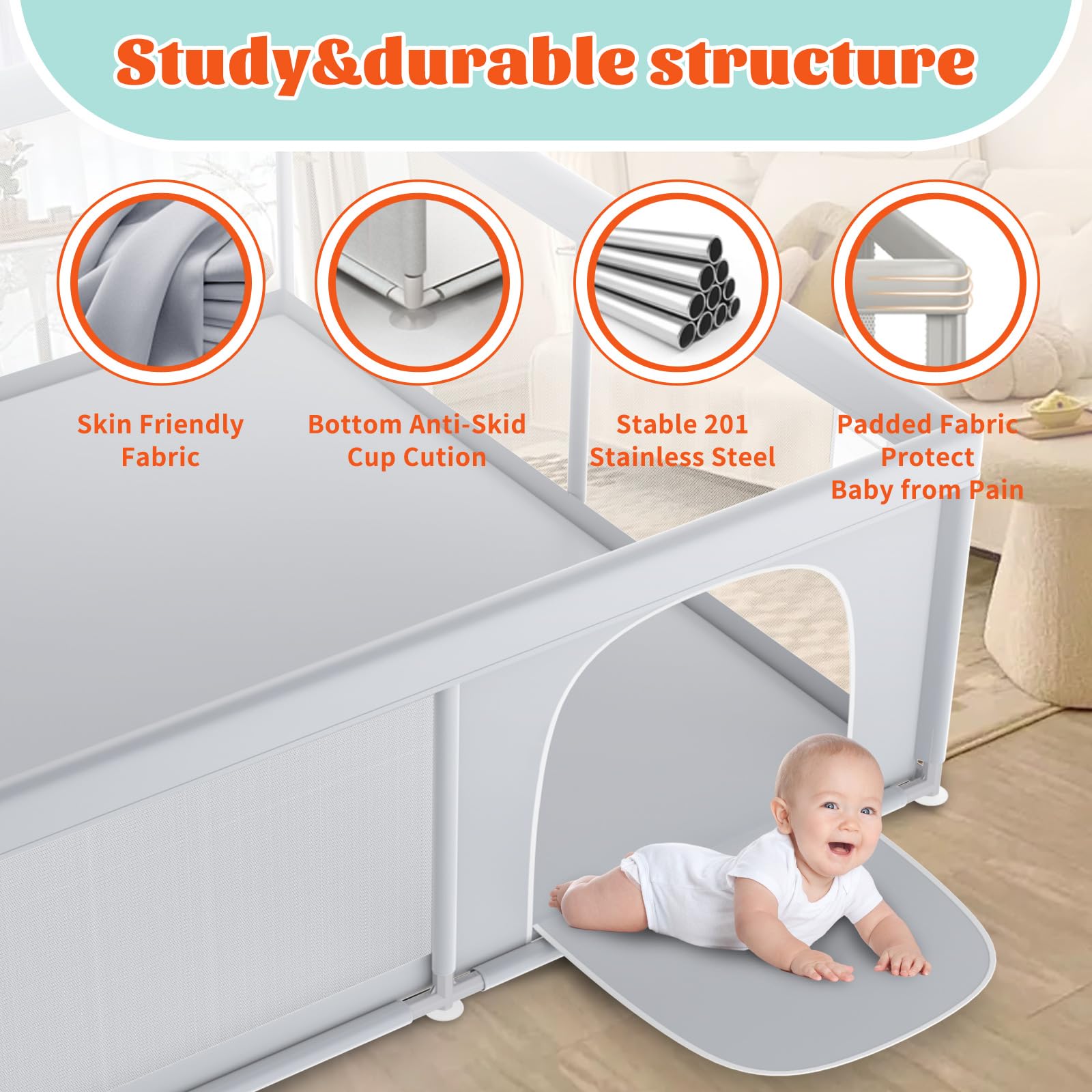 XVISHX non-slip base suction keeps playpen stable on floors.