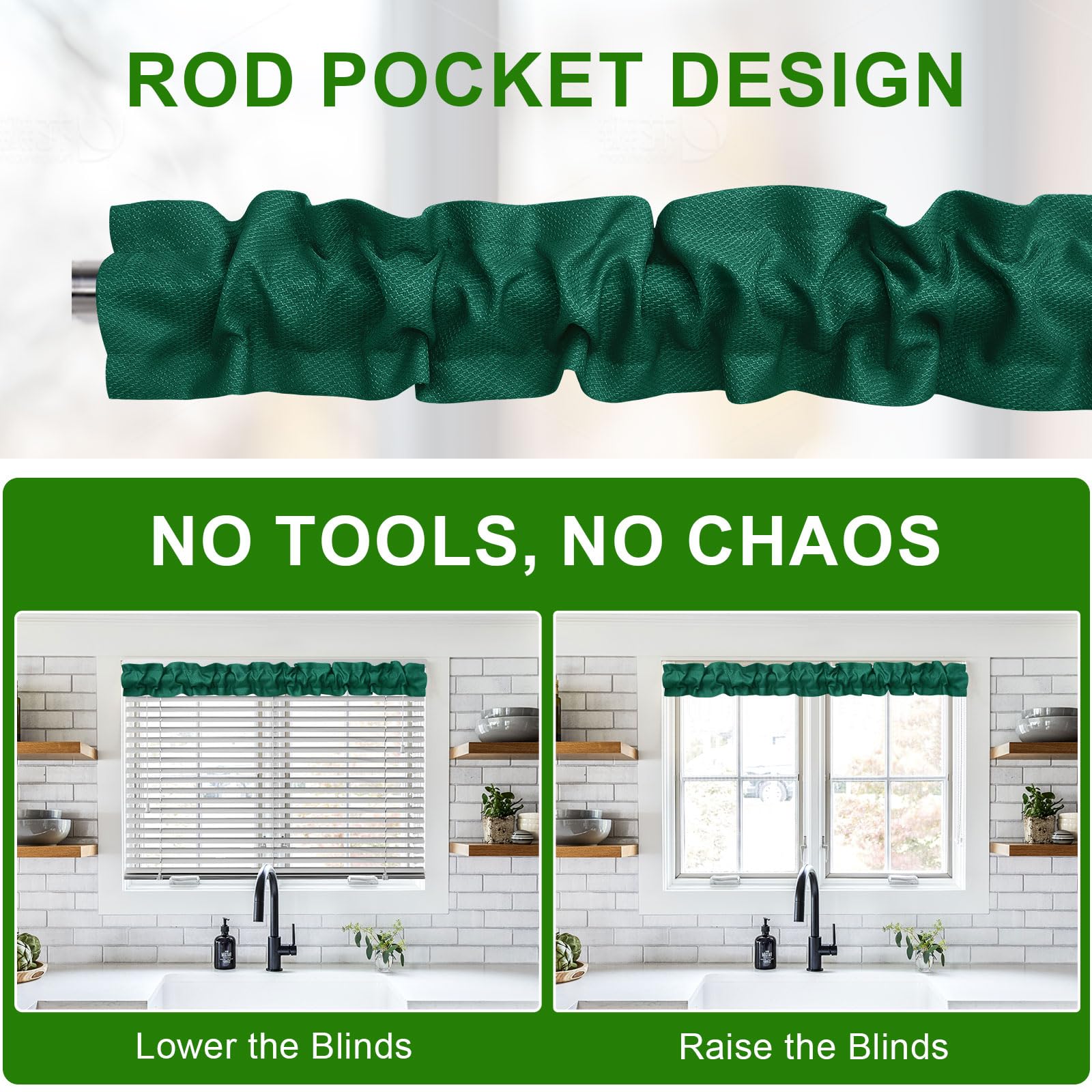 XWZO kitchen-window-decor in emerald pairs well with modern farmhouse dining areas.