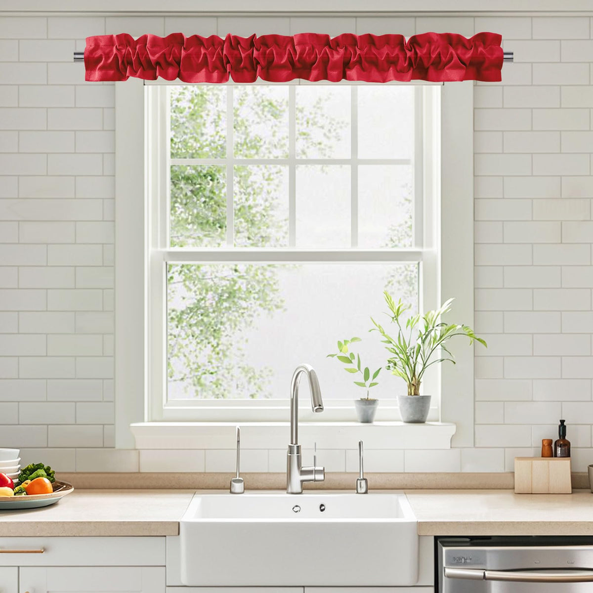 XWZO Sleeve Topper red 58x5 front view with crisp ruffles for kitchen charm.