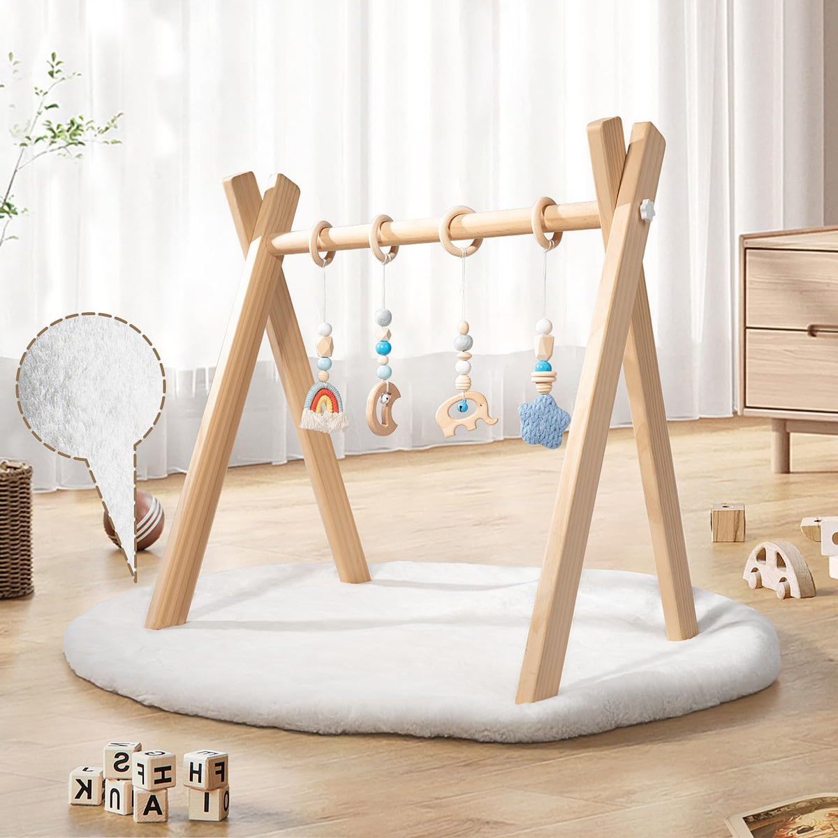 XYMERO wooden baby play gym frame for safe tummy time and exploration.