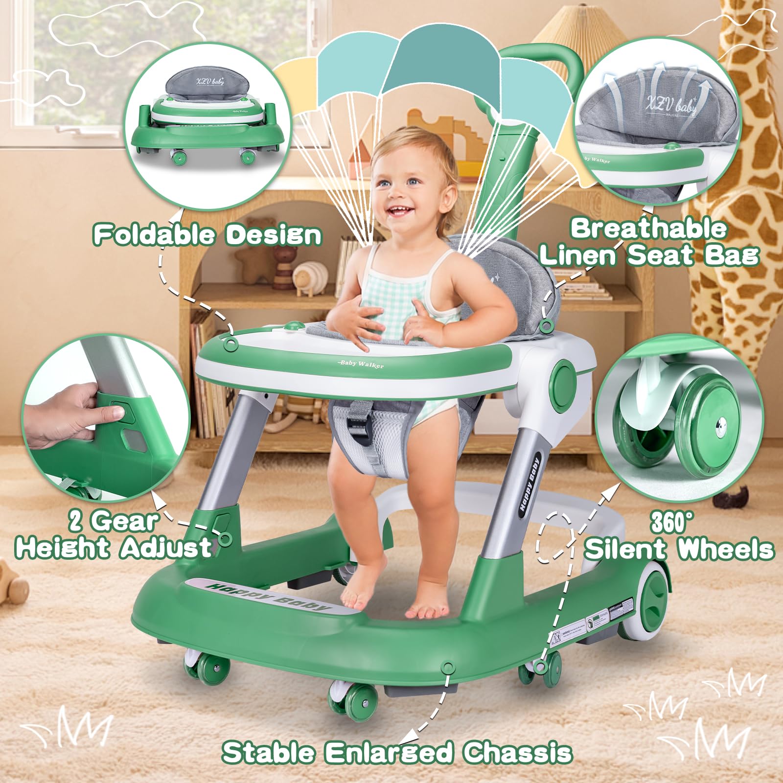 XZV baby walker folded for compact storage and travel