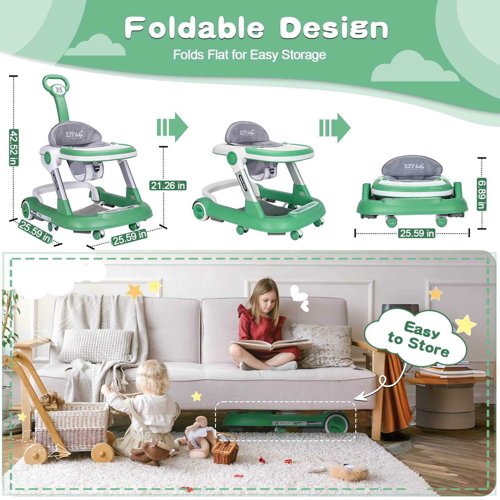 XZV baby walker high-handle stroller mode helps during outdoor outings