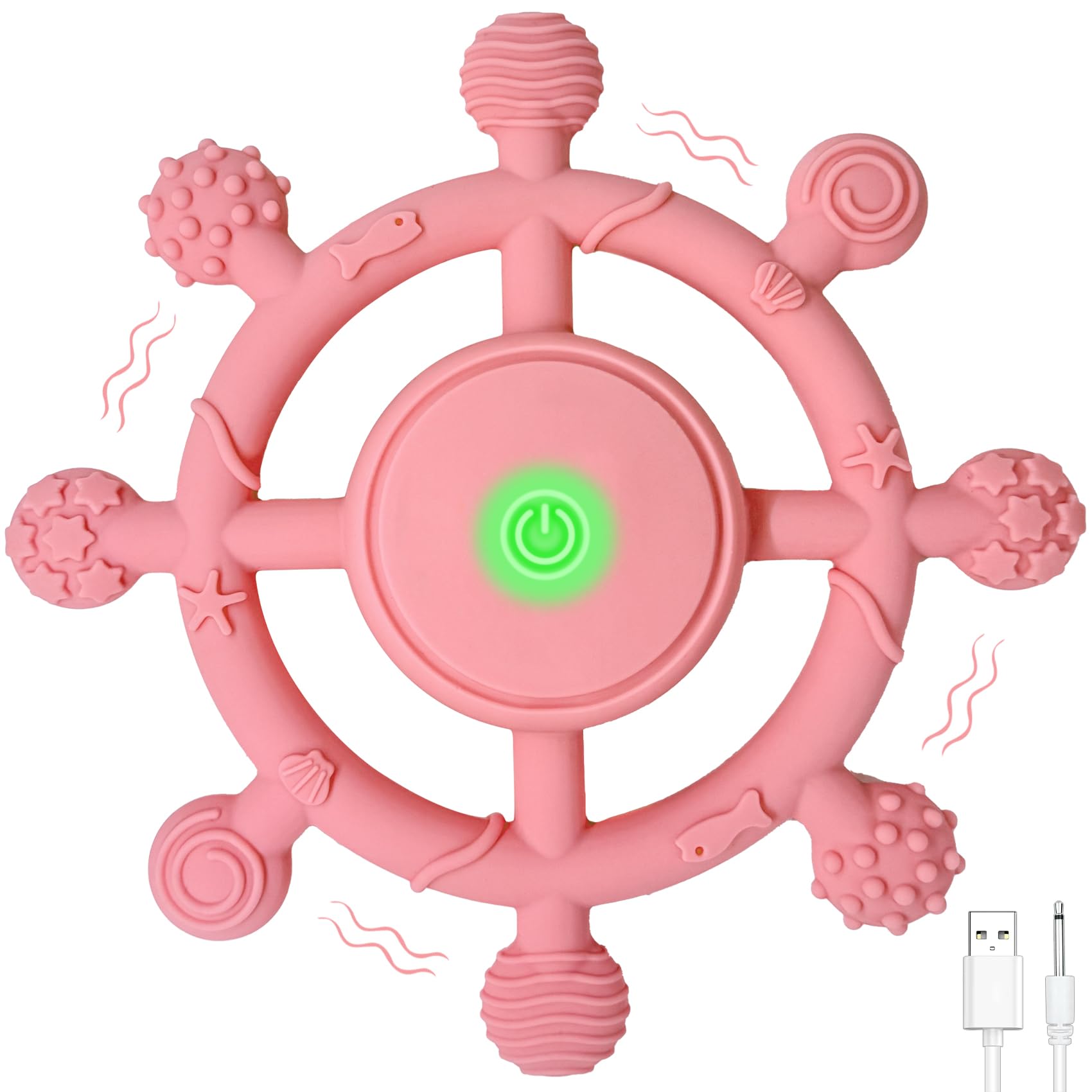 Y YOFUN teether in pink showing 3 vibration modes for gum relief