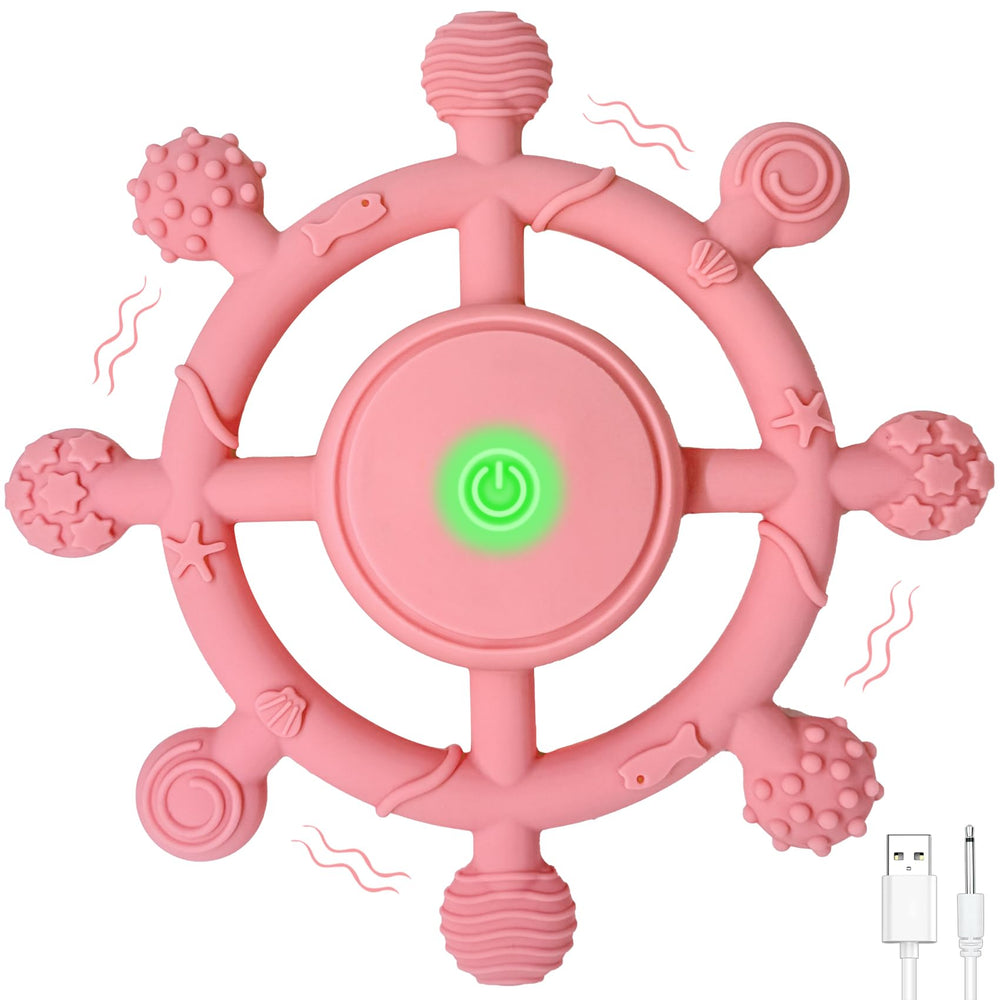 Y YOFUN teether in pink showing 3 vibration modes for gum relief