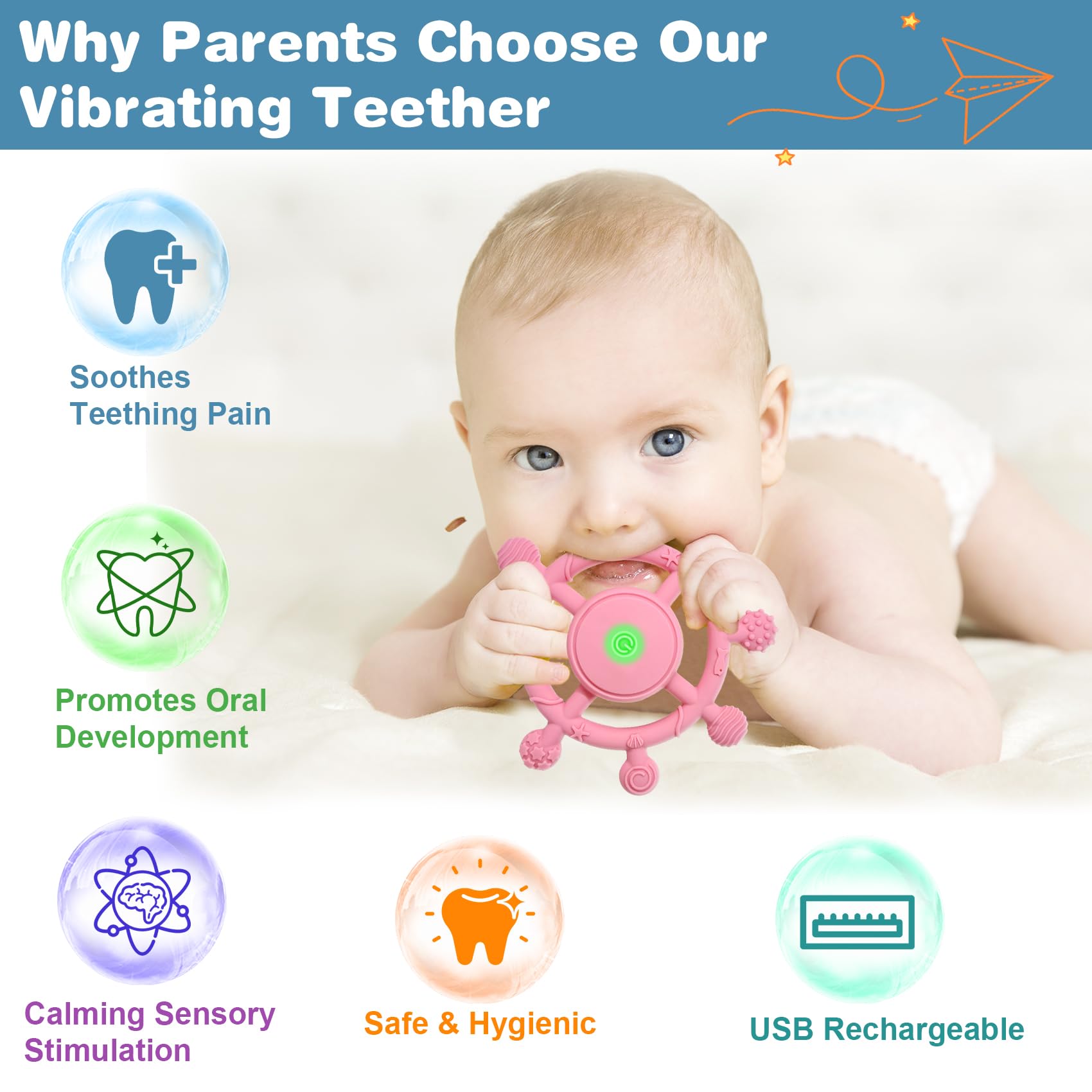 Y YOFUN teether USB rechargeable front view with cord