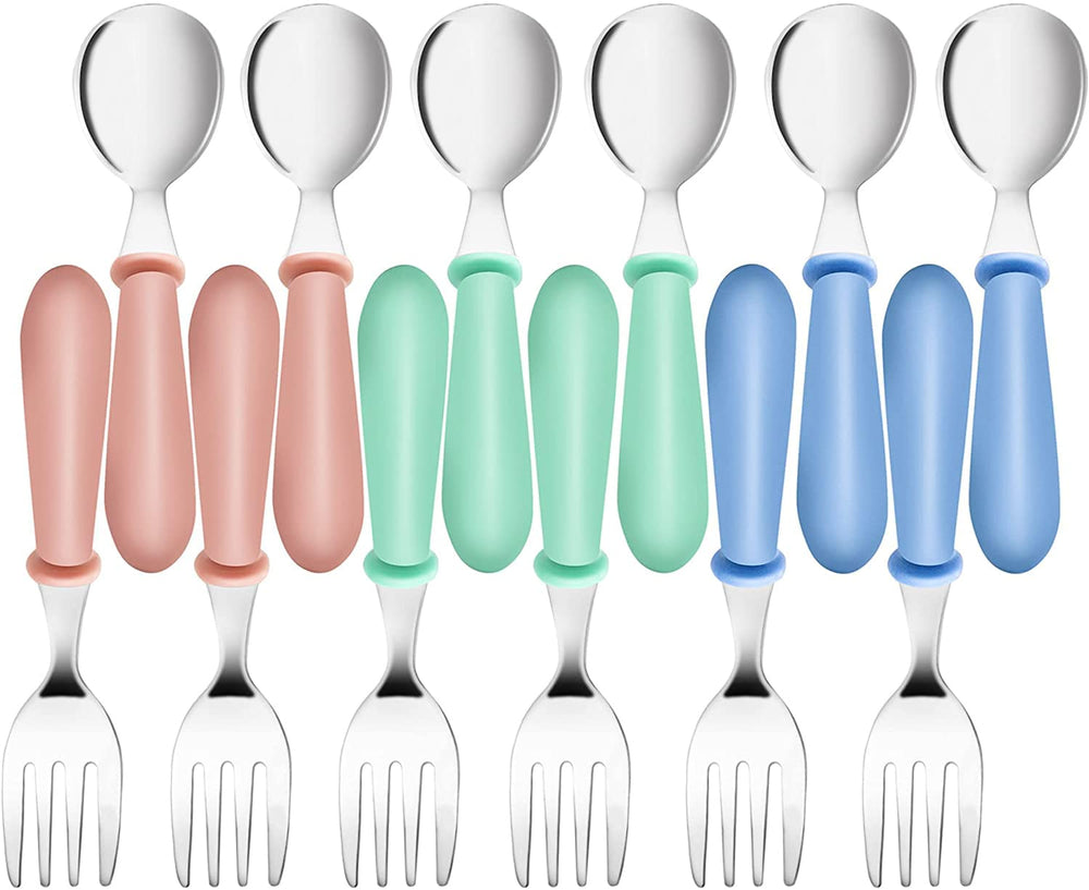 YACAISI 12pc toddler utensils set with colorful handles for self-feeding.