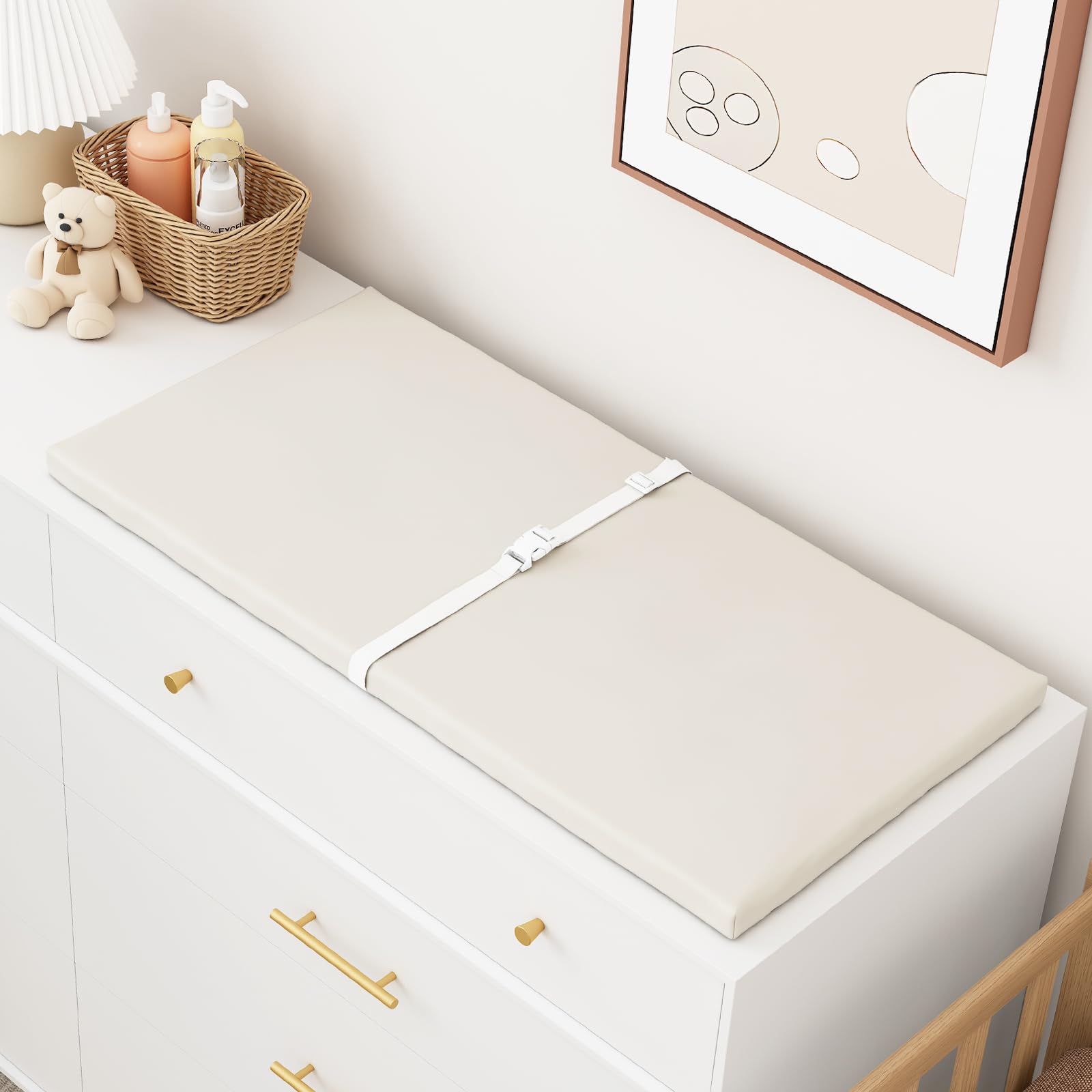 YACODAVO wipeable baby-changing-pad on dresser offers a stable, safe surface for diaper changes.