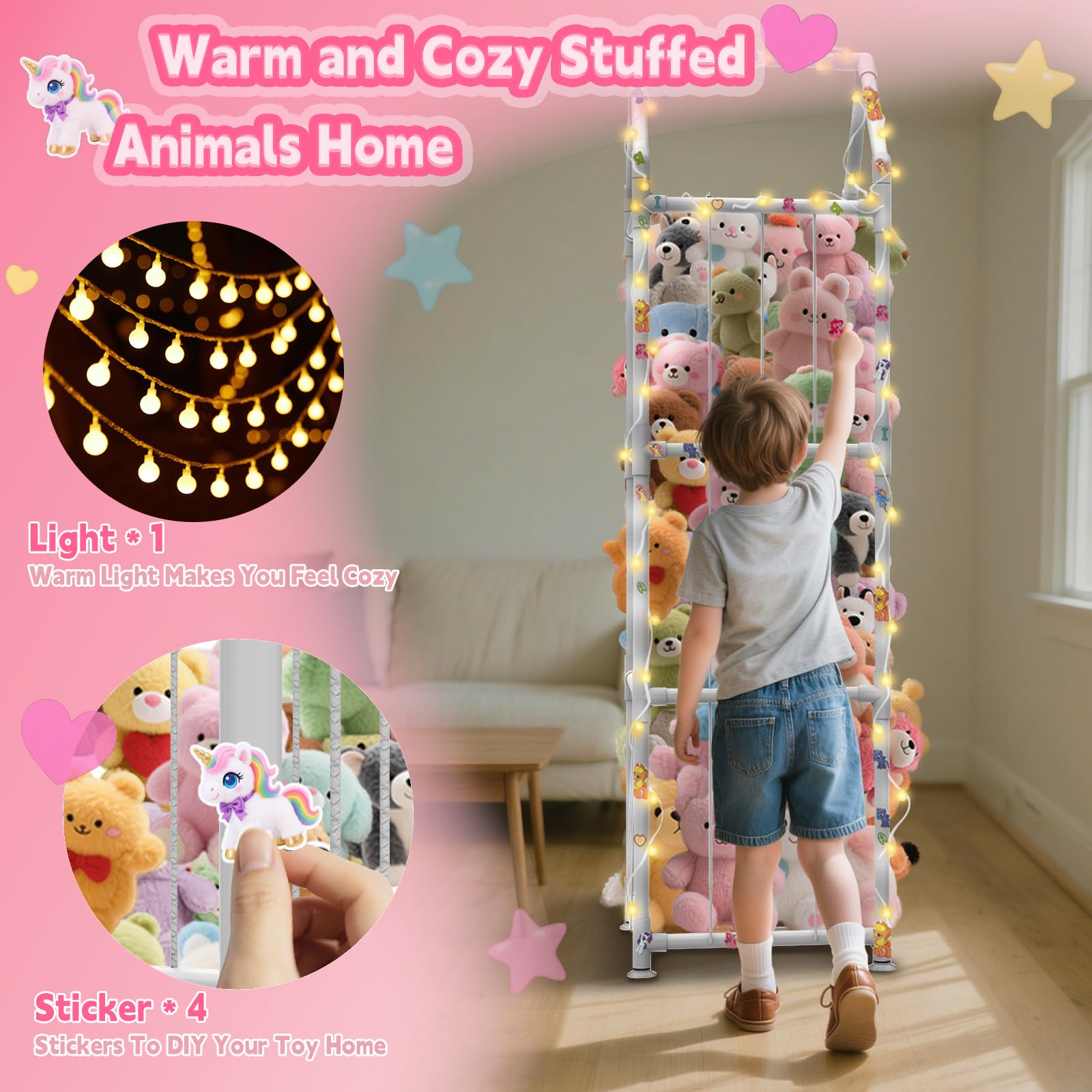 YACONA stuffed animal storage LED light brightens toy display.