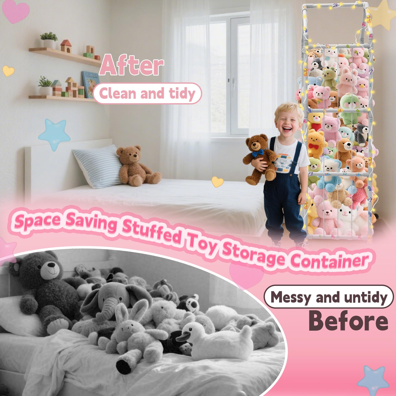 YACONA stuffed animal storage nursery and playroom organization solution.