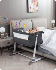Yacul baby bassinet side view showing compact bedside design for easy parent access