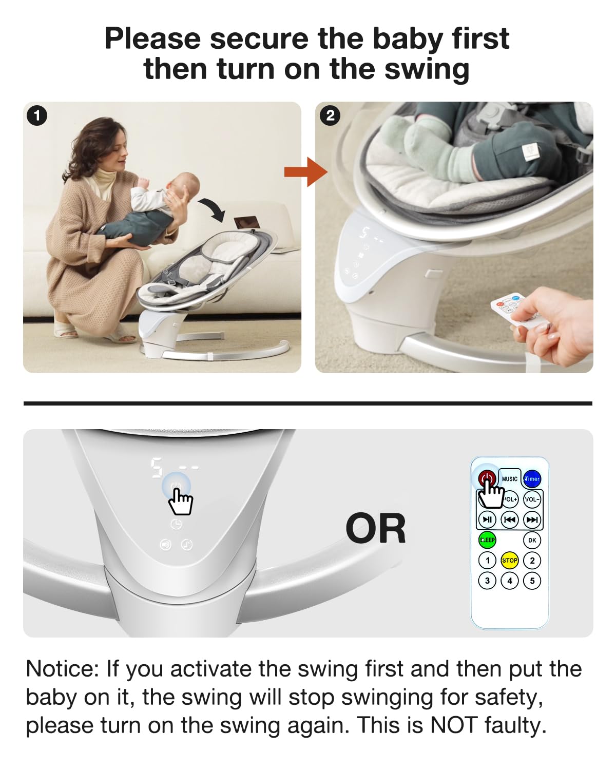 Yacul electric baby swing 5-point-harness ensures secure, cozy restraint.
