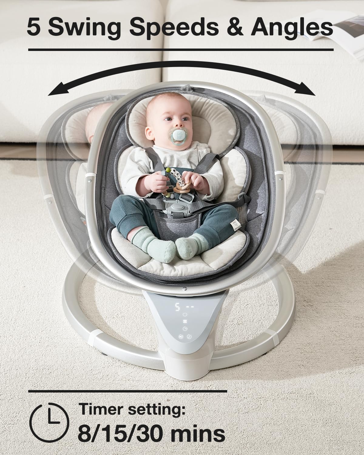Yacul electric baby swing remote-control panel enables easy operation from distance.