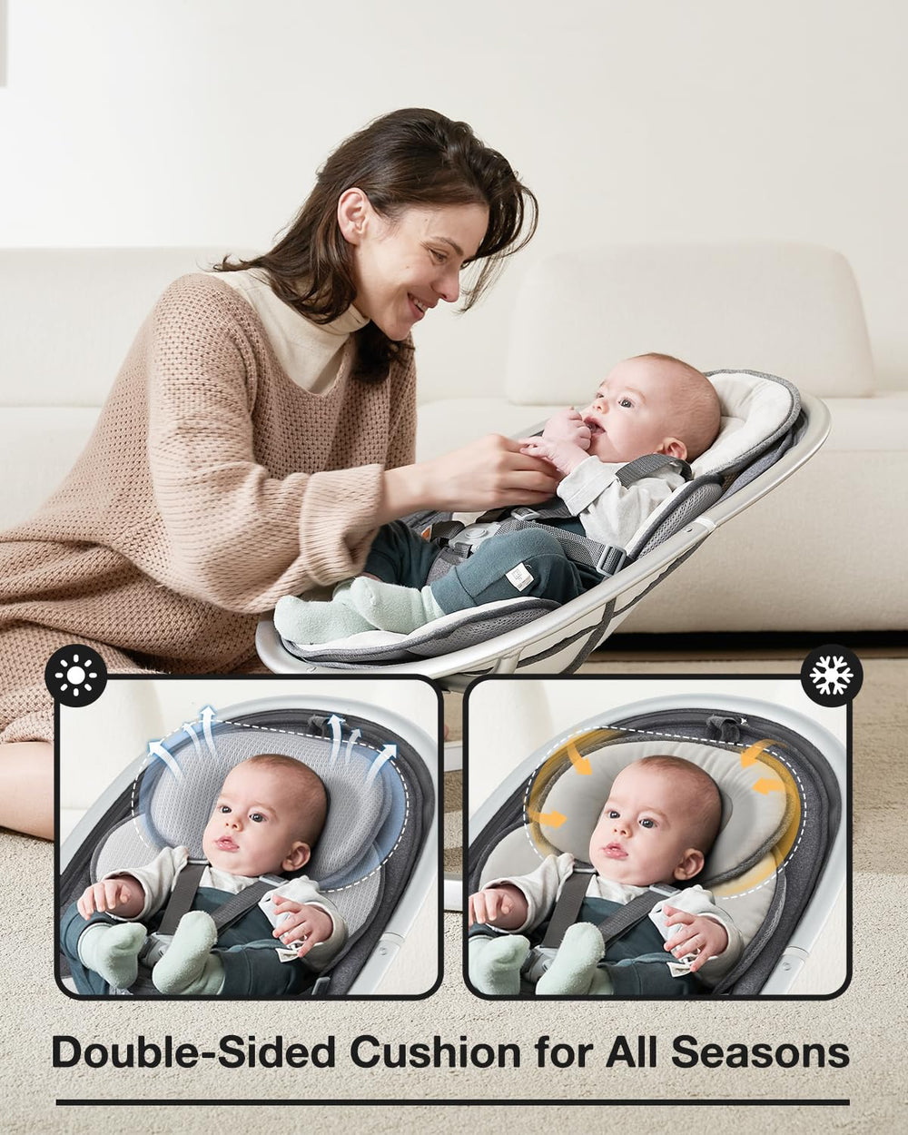 Yacul electric baby swing soft fabric cushions provide gentle skin-friendly comfort.