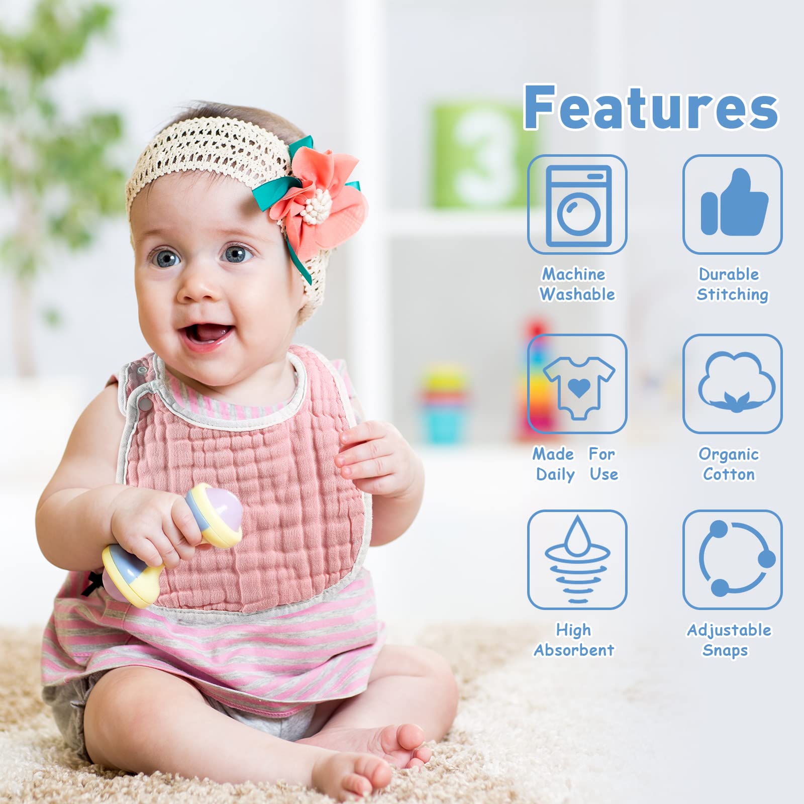 Yahenda adjustable-snaps closeup, durable fastenings for teething babies.