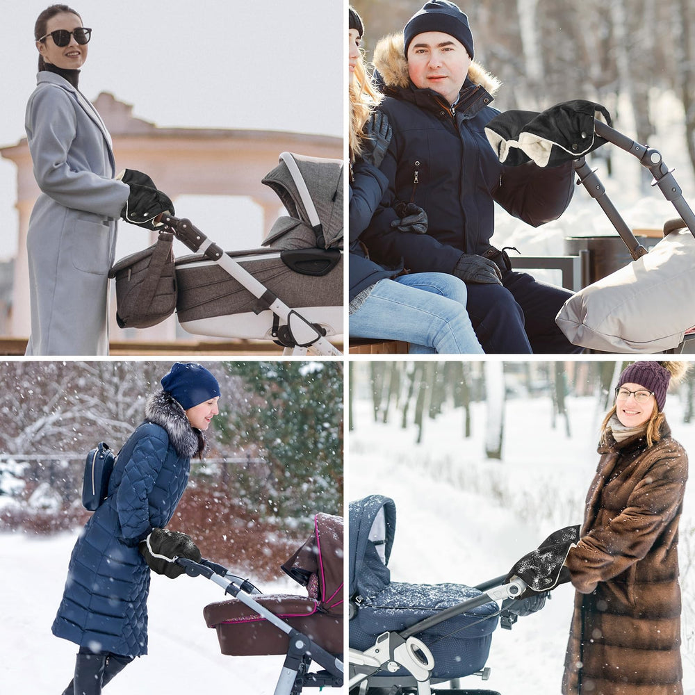 YAHENLI compact storage muff hangs on the stroller for quick access.