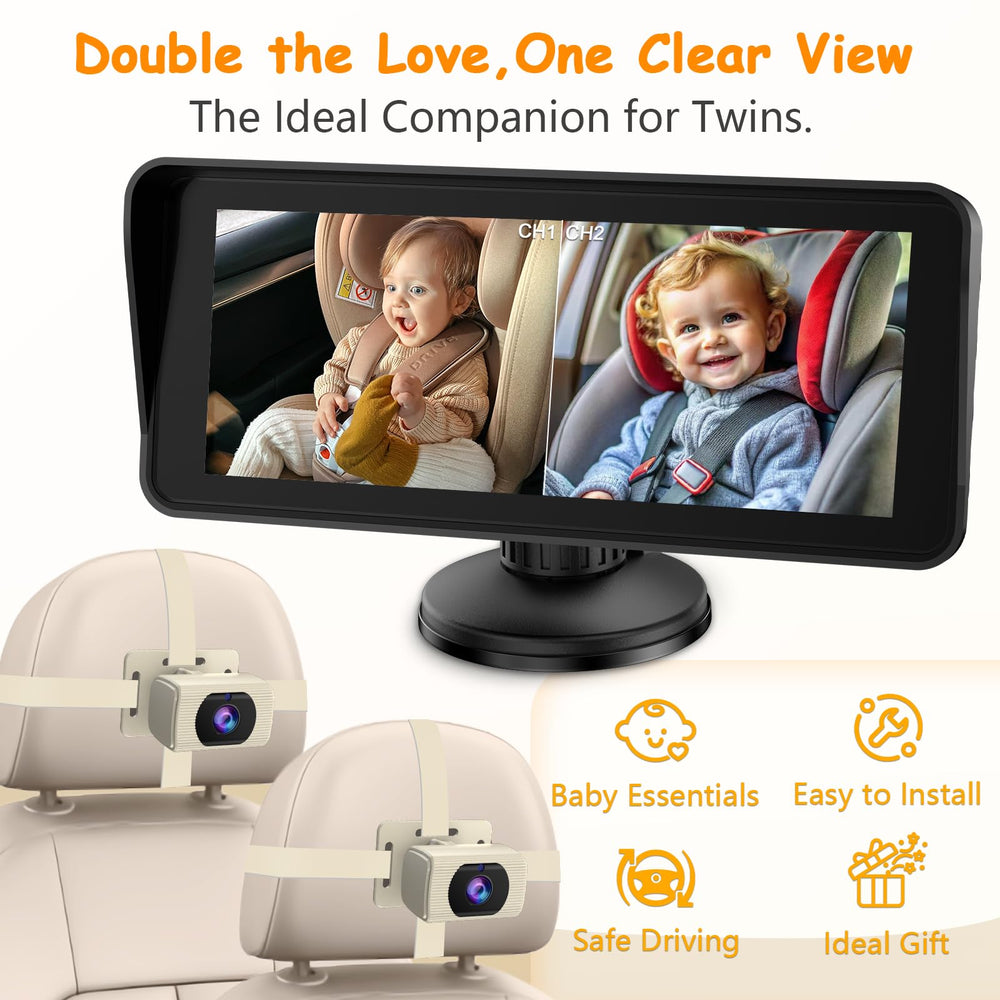 Yakry 2Kids dual-camera monitor setup provides complete front and rear-seat visibility