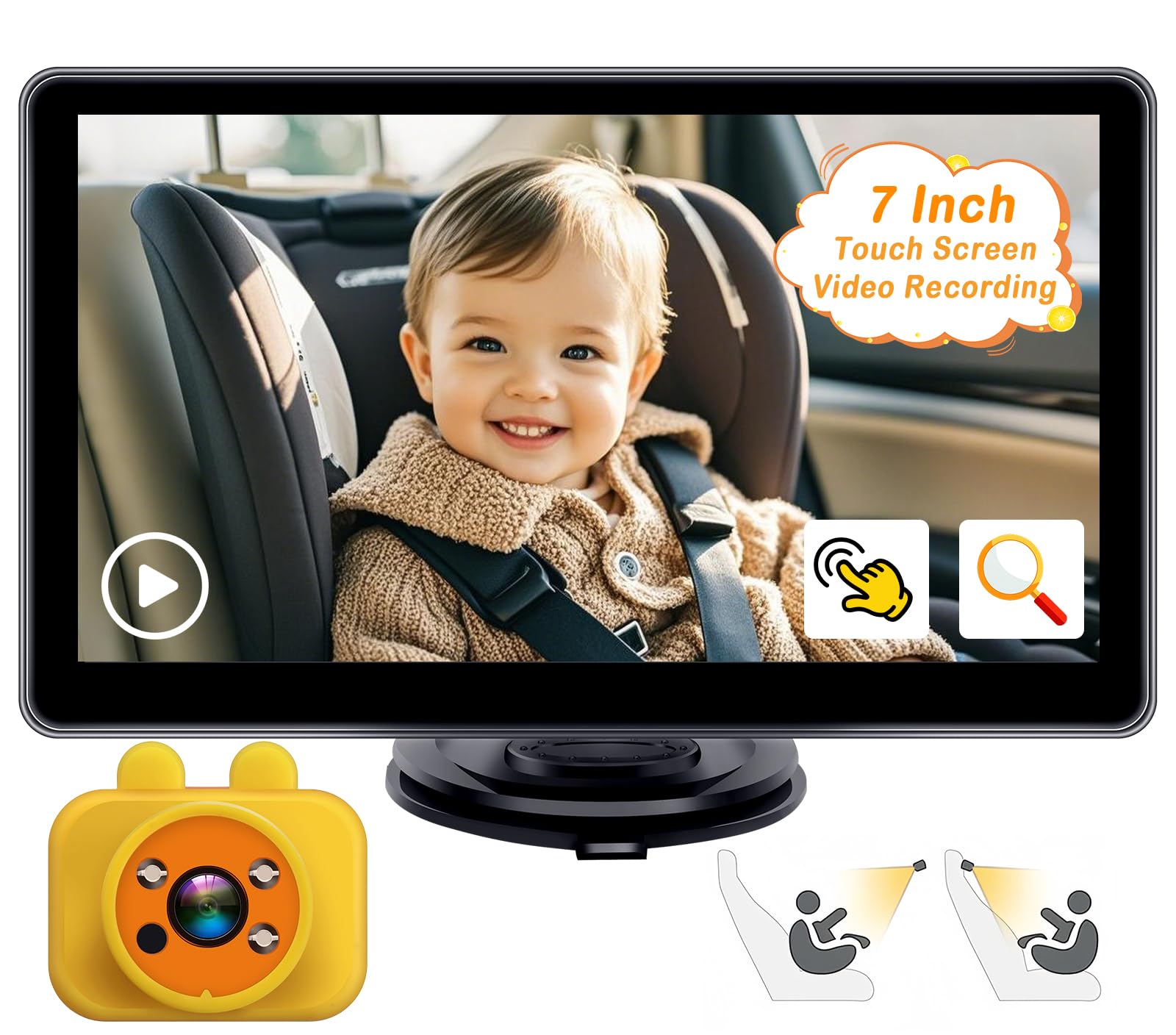 Yakry baby car camera 7in screen delivers clear monitoring on the road.