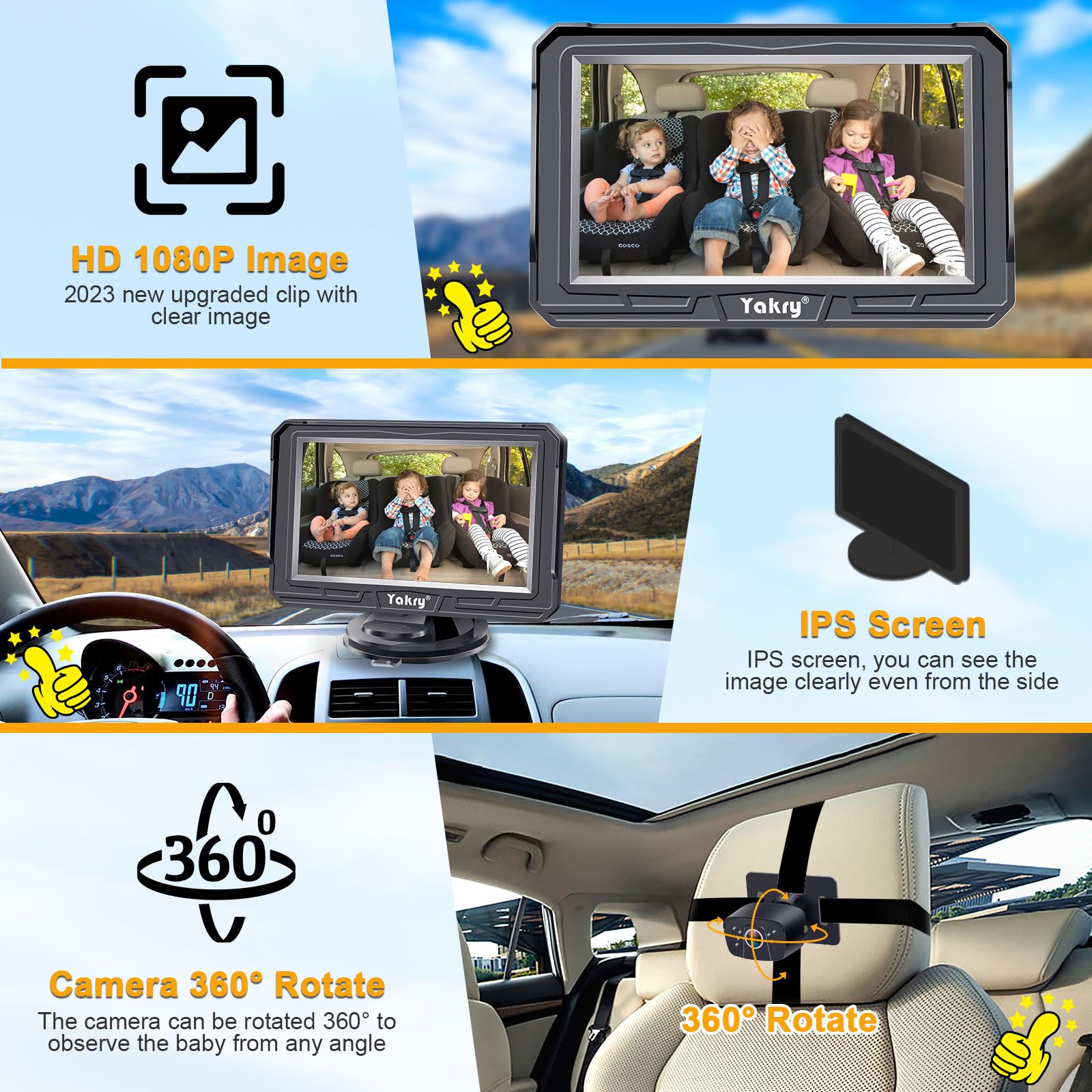 Yakry Baby Car Camera anti-glare screen for daytime clarity.