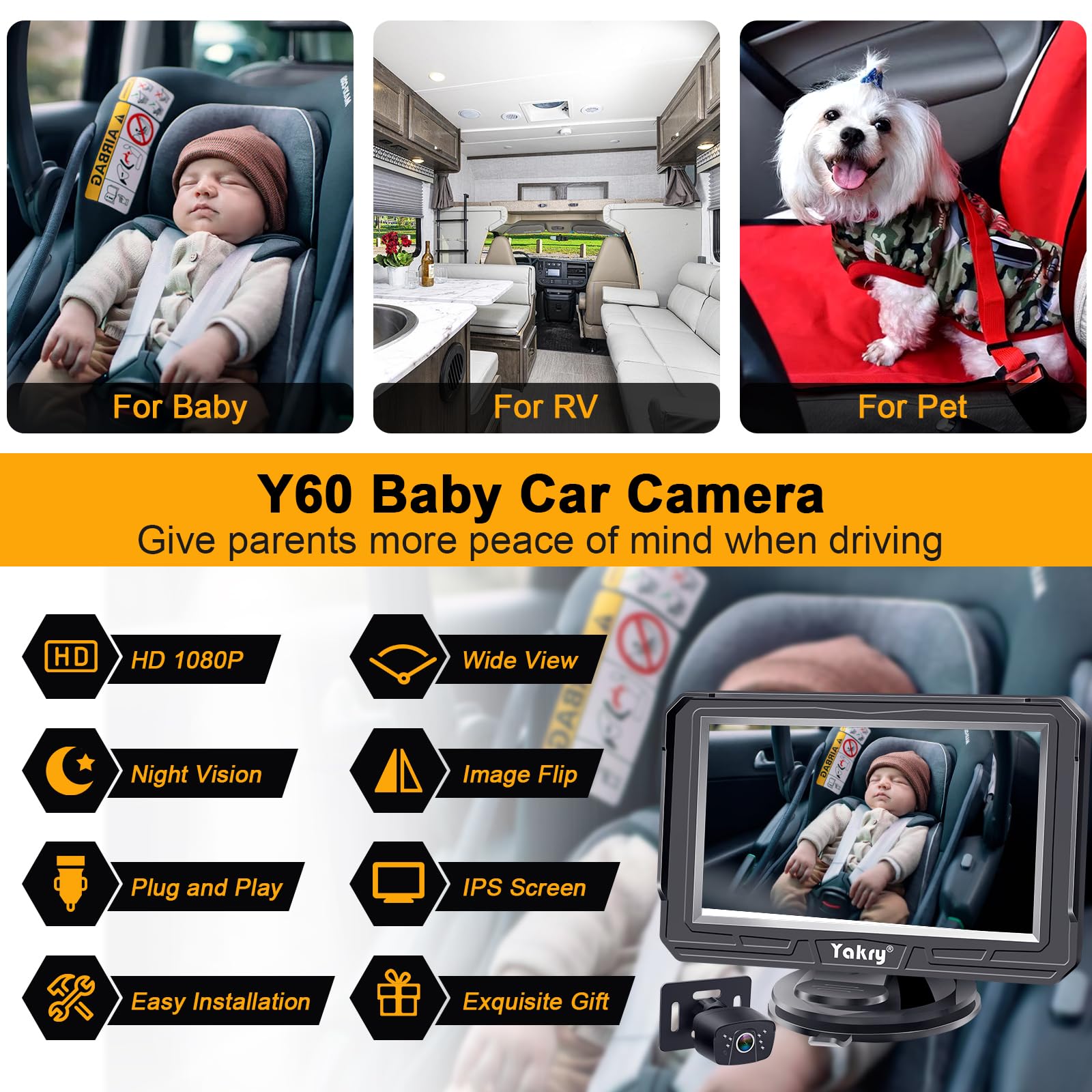 Yakry Baby Car Camera easy install plug-and-play.