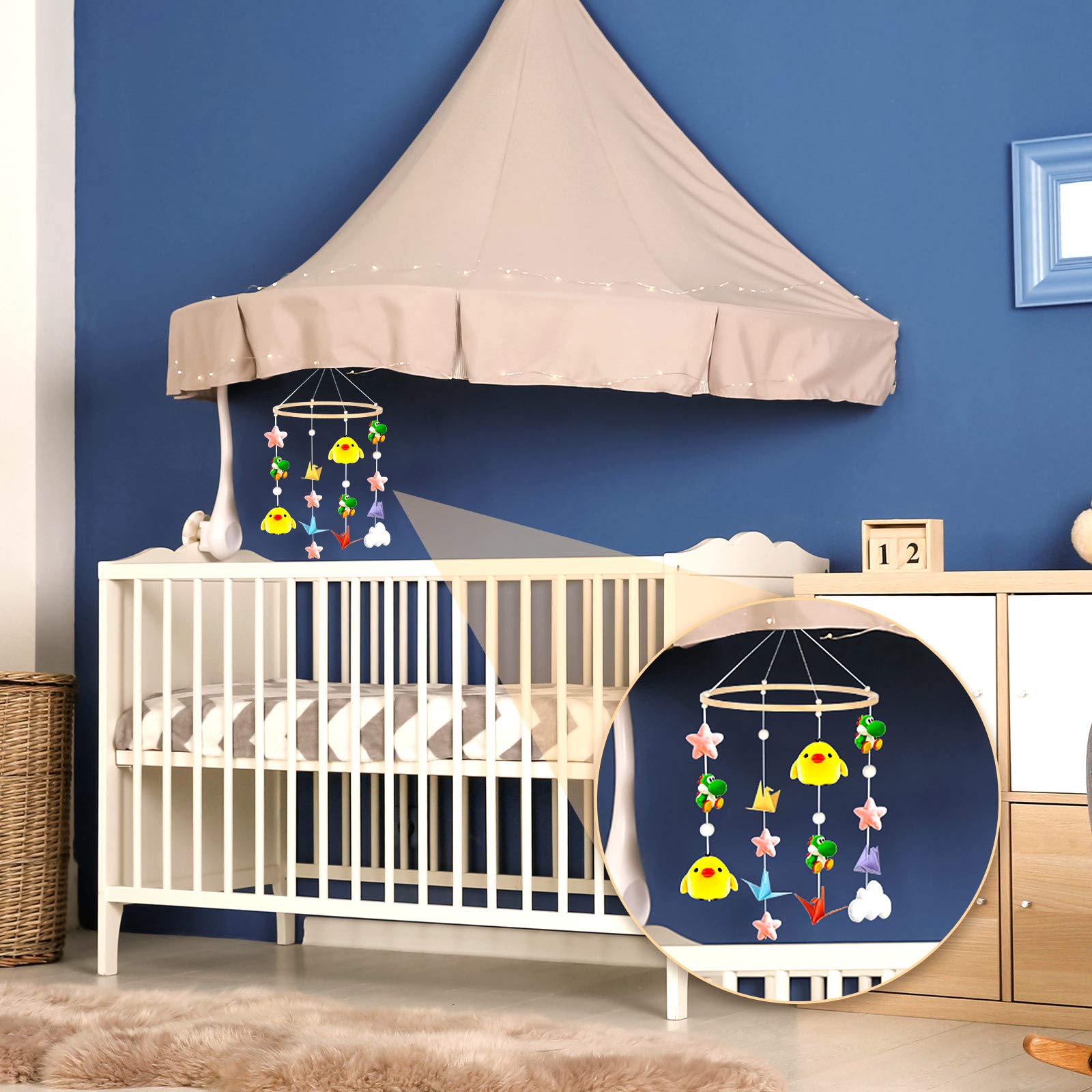 Yalikop Baby Mobile DIY Kit crib-hanging view demonstrates hanging on a crib for soothing visuals