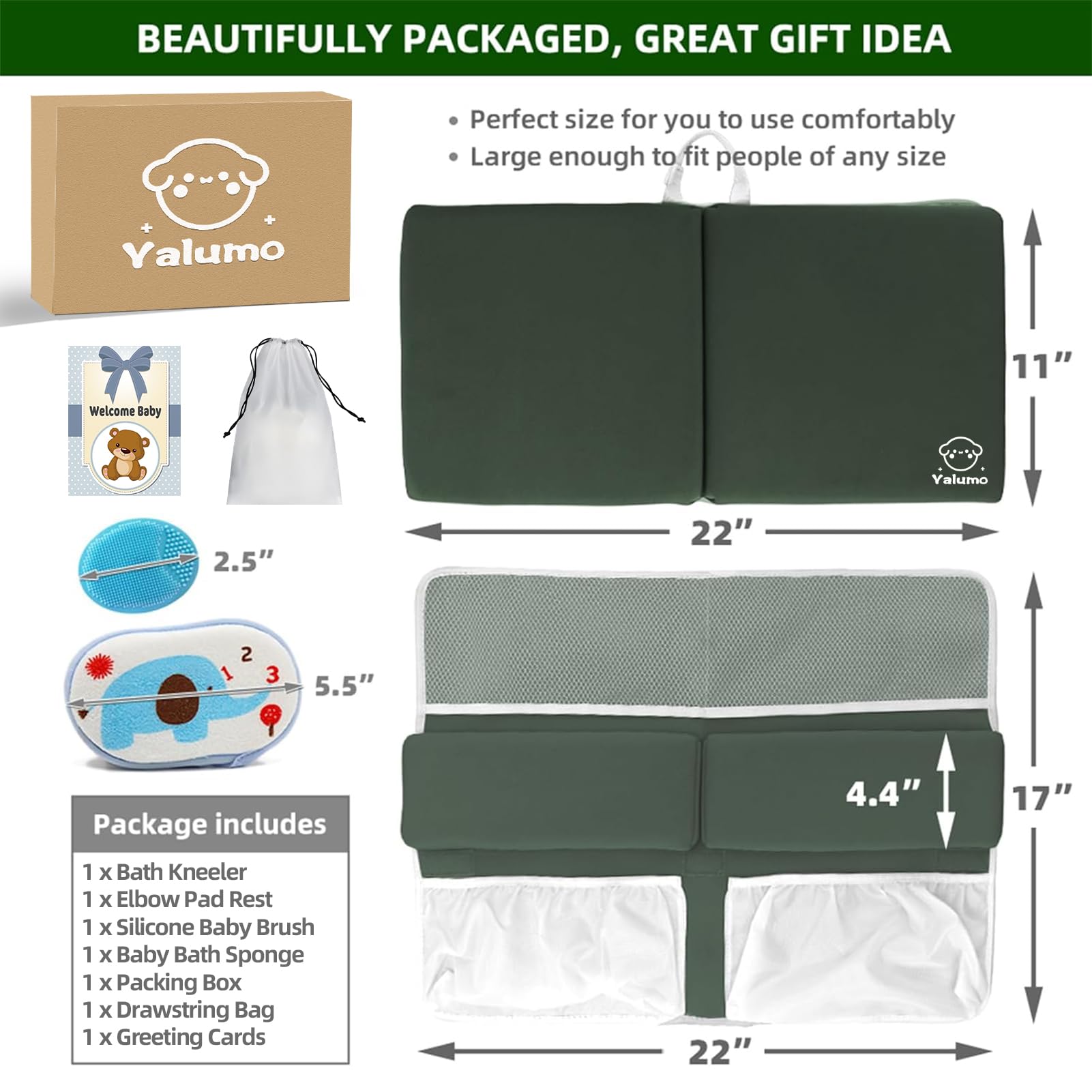 Yalumo bath time setup showing kneeler and elbow rest for comfy mom-baby time.