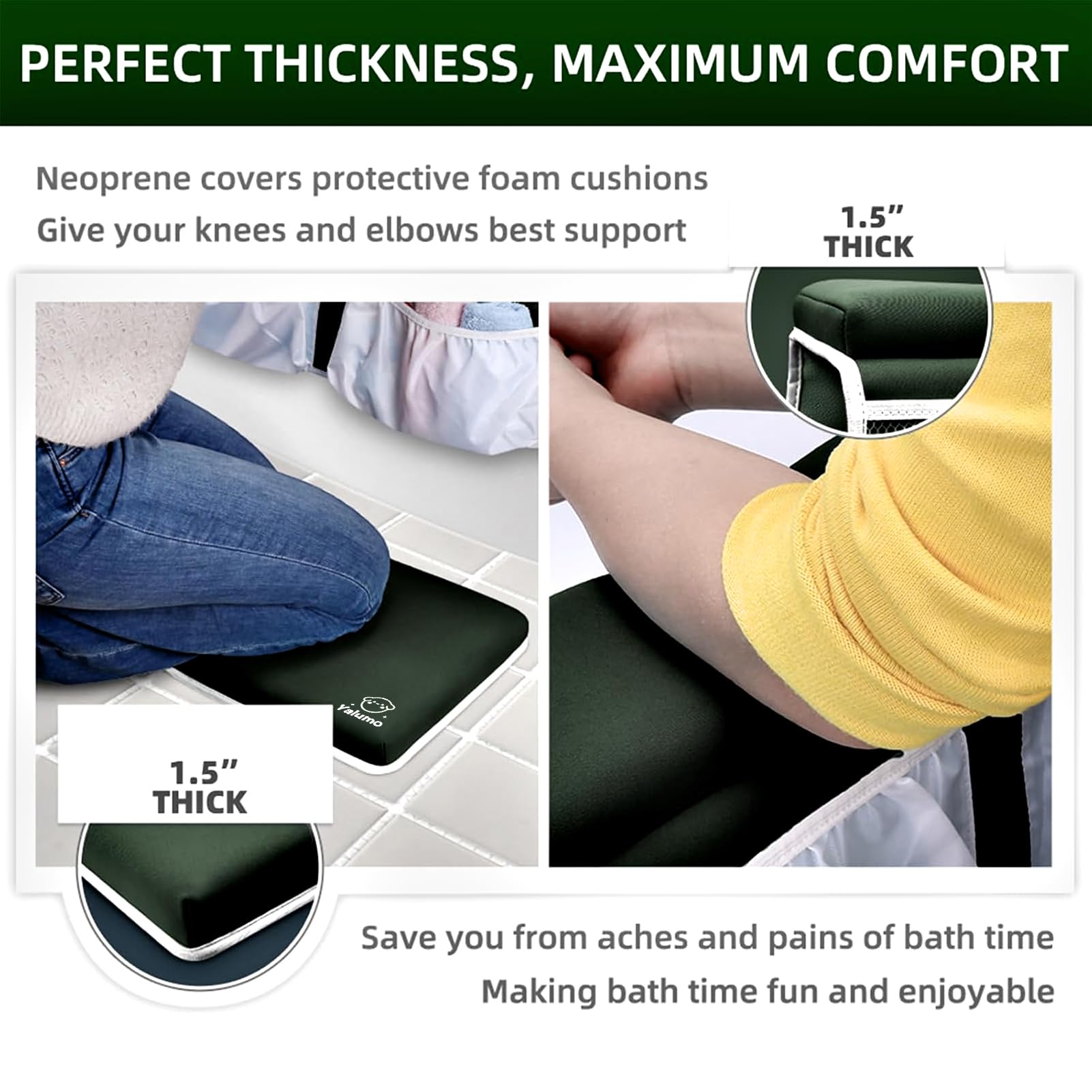 Yalumo elbow rest suction cups securing to tub walls for stability.