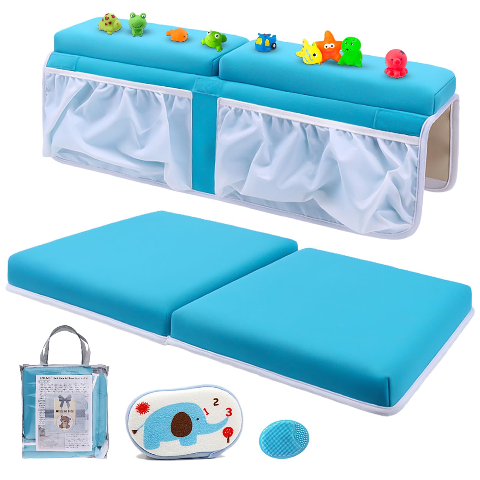 Yalumo bath kneeler set blue front view shows thick knee padding for comfort