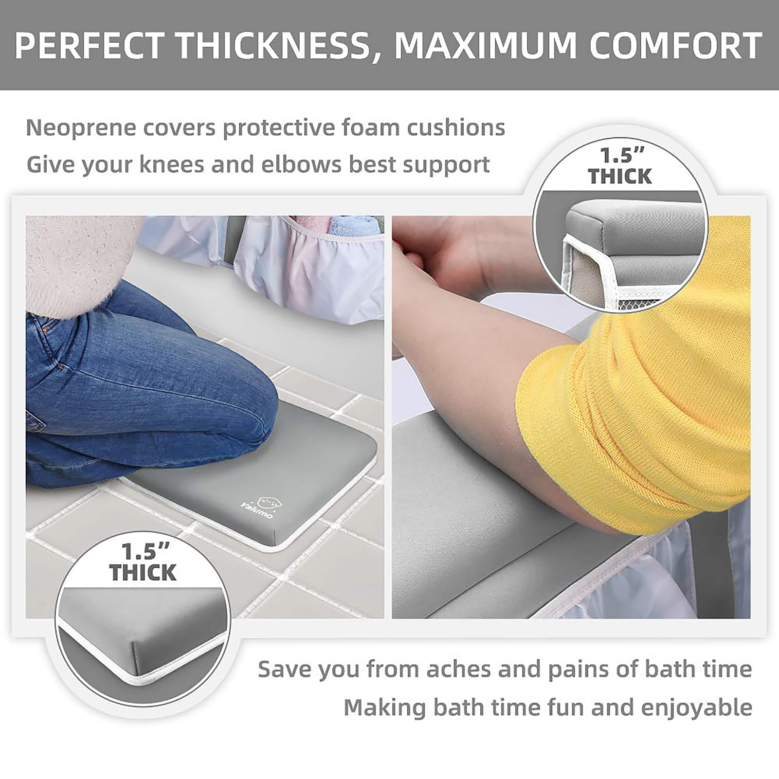 Yalumo elbow rest with suction cups secures to tub walls for safe bathing