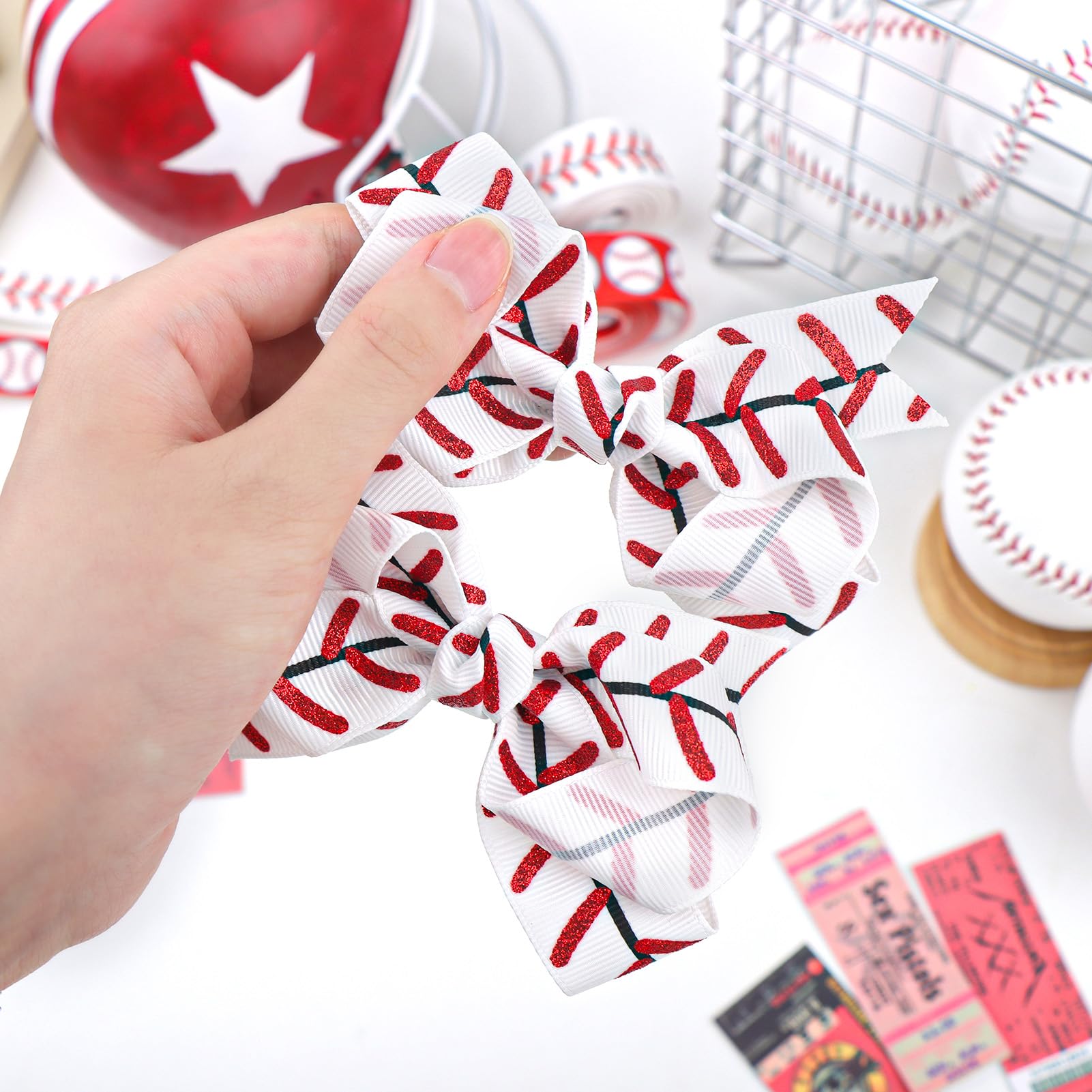 YanJie party-ready baseball hair bow adds shine for 4th of July events.