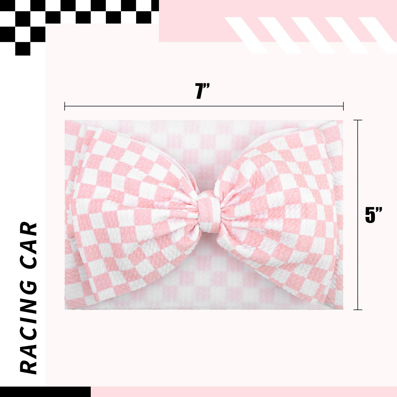 YanJie 7-inch pink checkered bow stretchy band adapts to newborn to toddler
