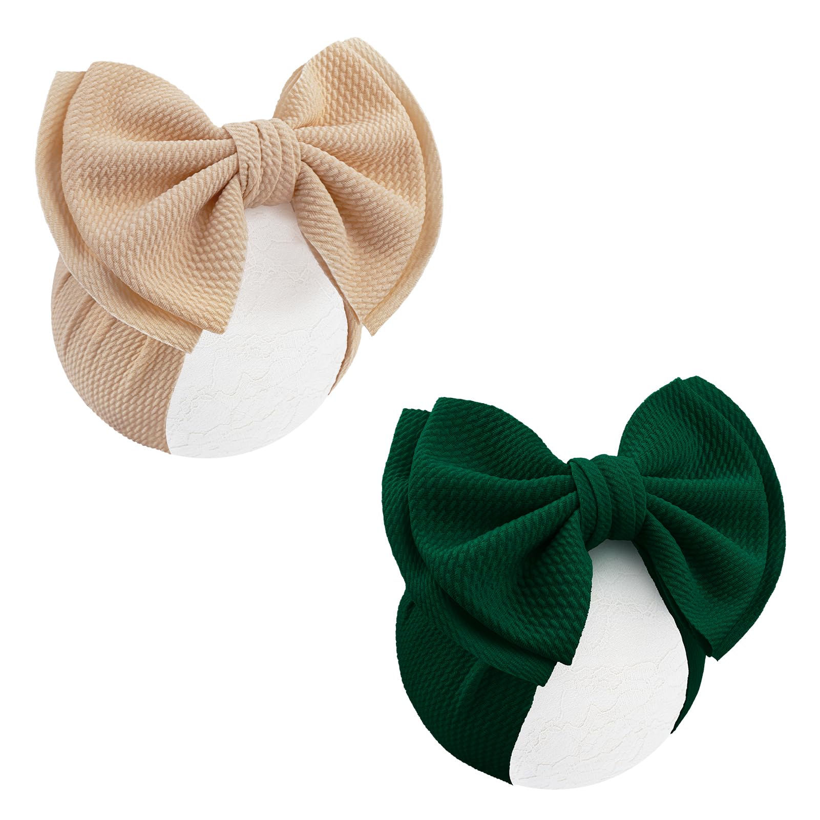 YanJie 7'' knot headbands in beige and dark green with soft waffle fabric for gentle, secure styling.
