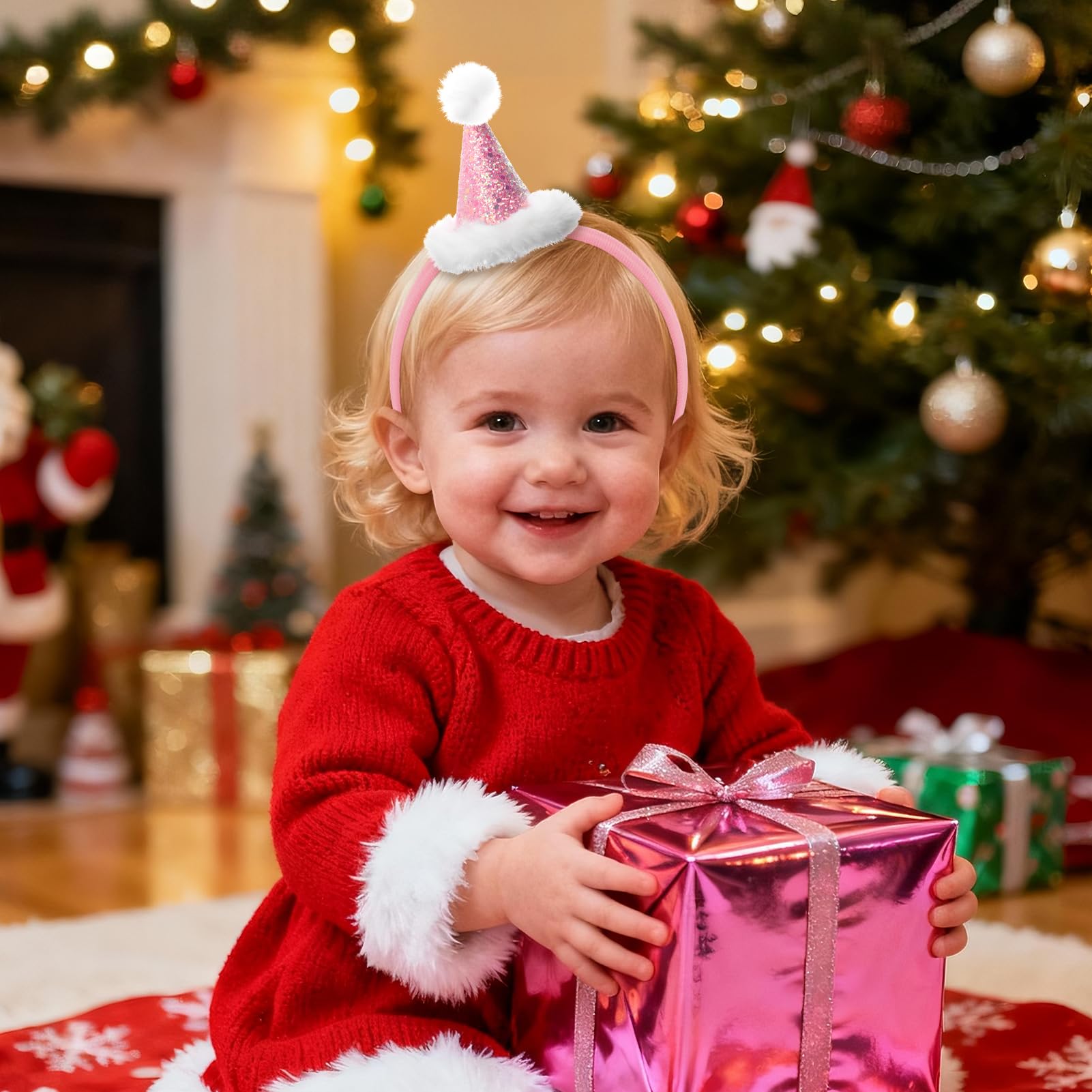 YanJie baby hair accessory pink Santa hat highlights cute Christmas outfits.