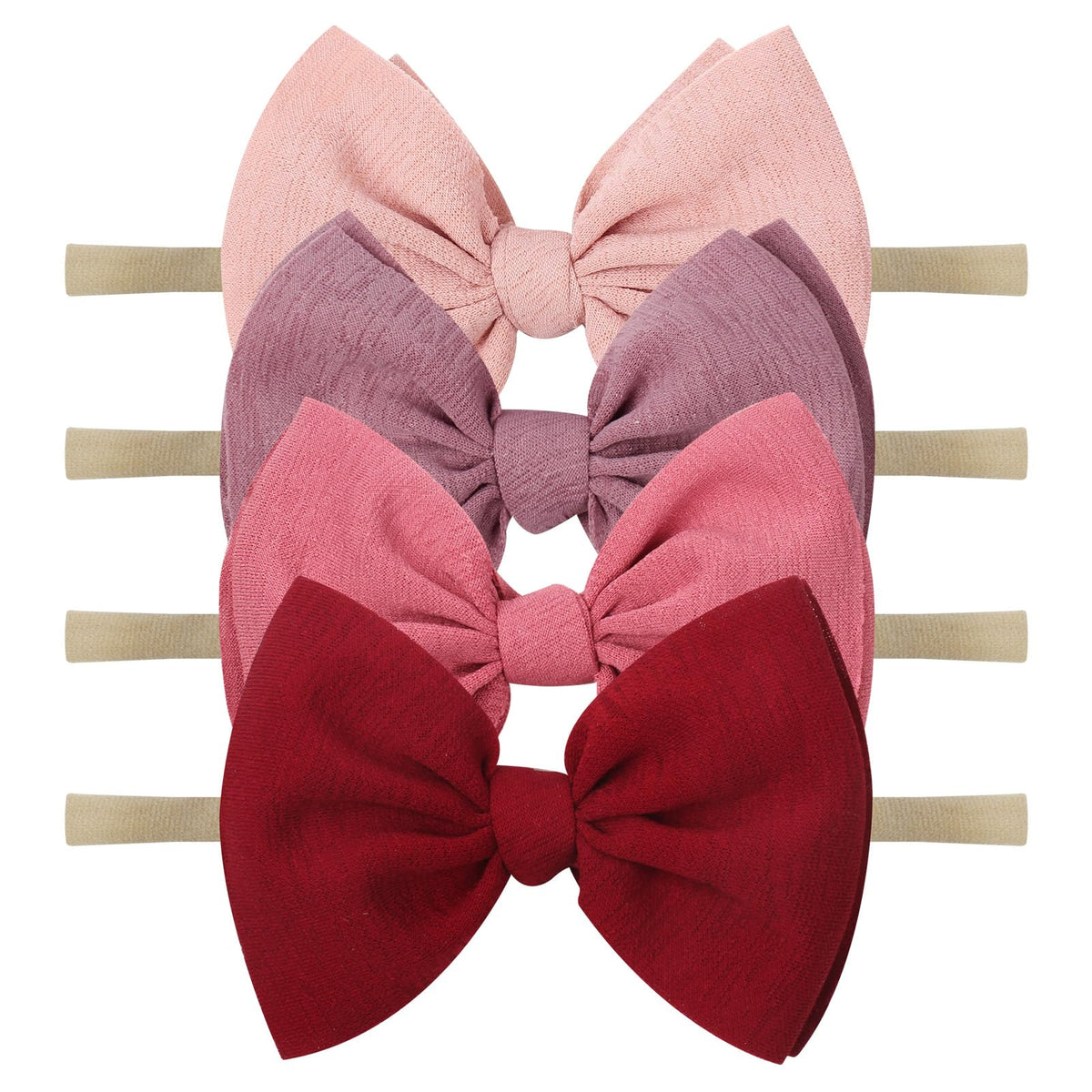 YanJie baby headband pink-wine knotted bow; soft nylon and gentle fit for newborn photos