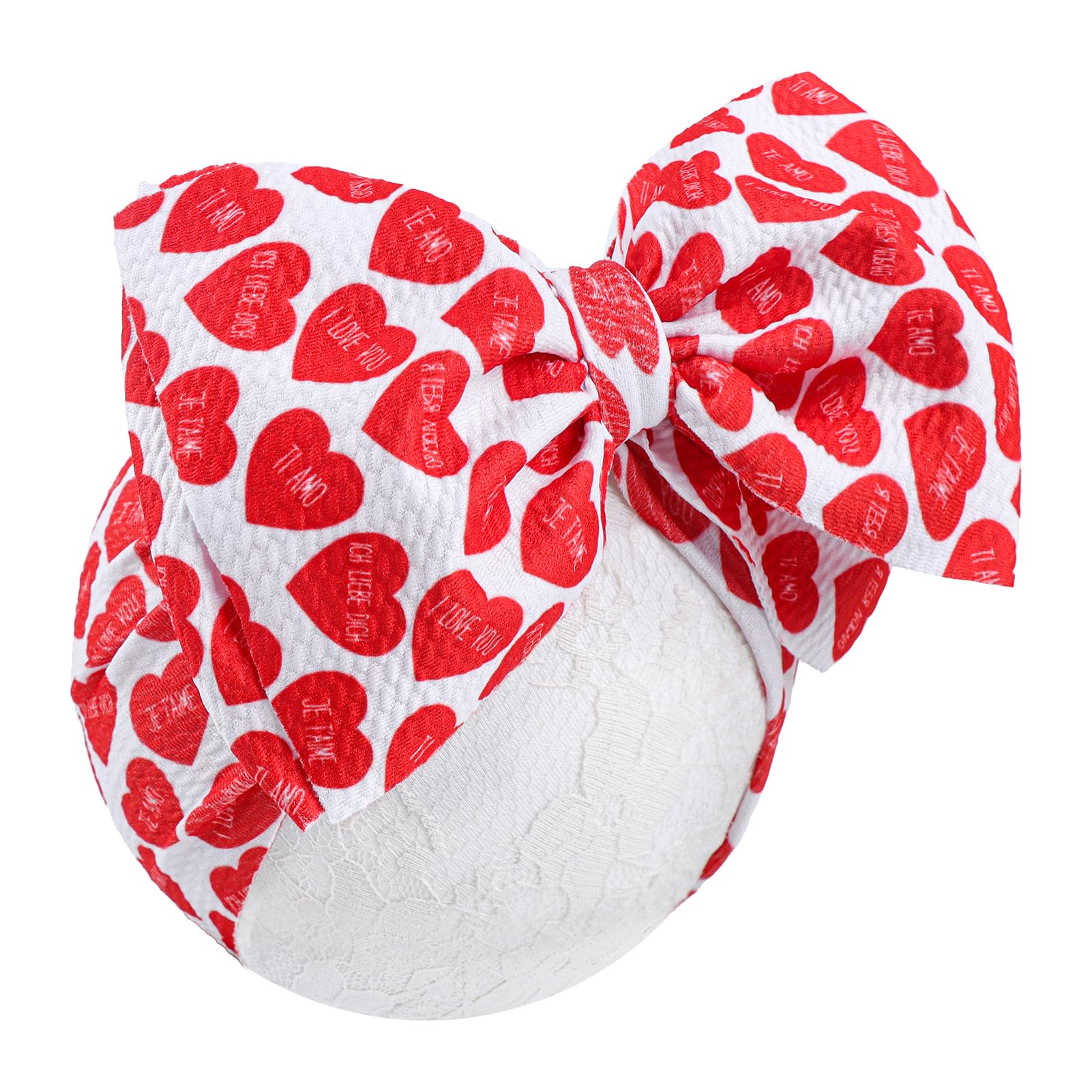 YanJie baby headbands with soft bows in red text heart print, ideal for cute photo sessions.