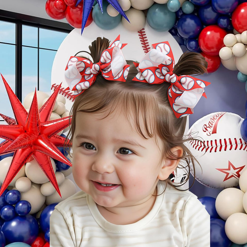 YanJie baseball red bow clip on toddler hair showcasing vibrant colors for sports day.