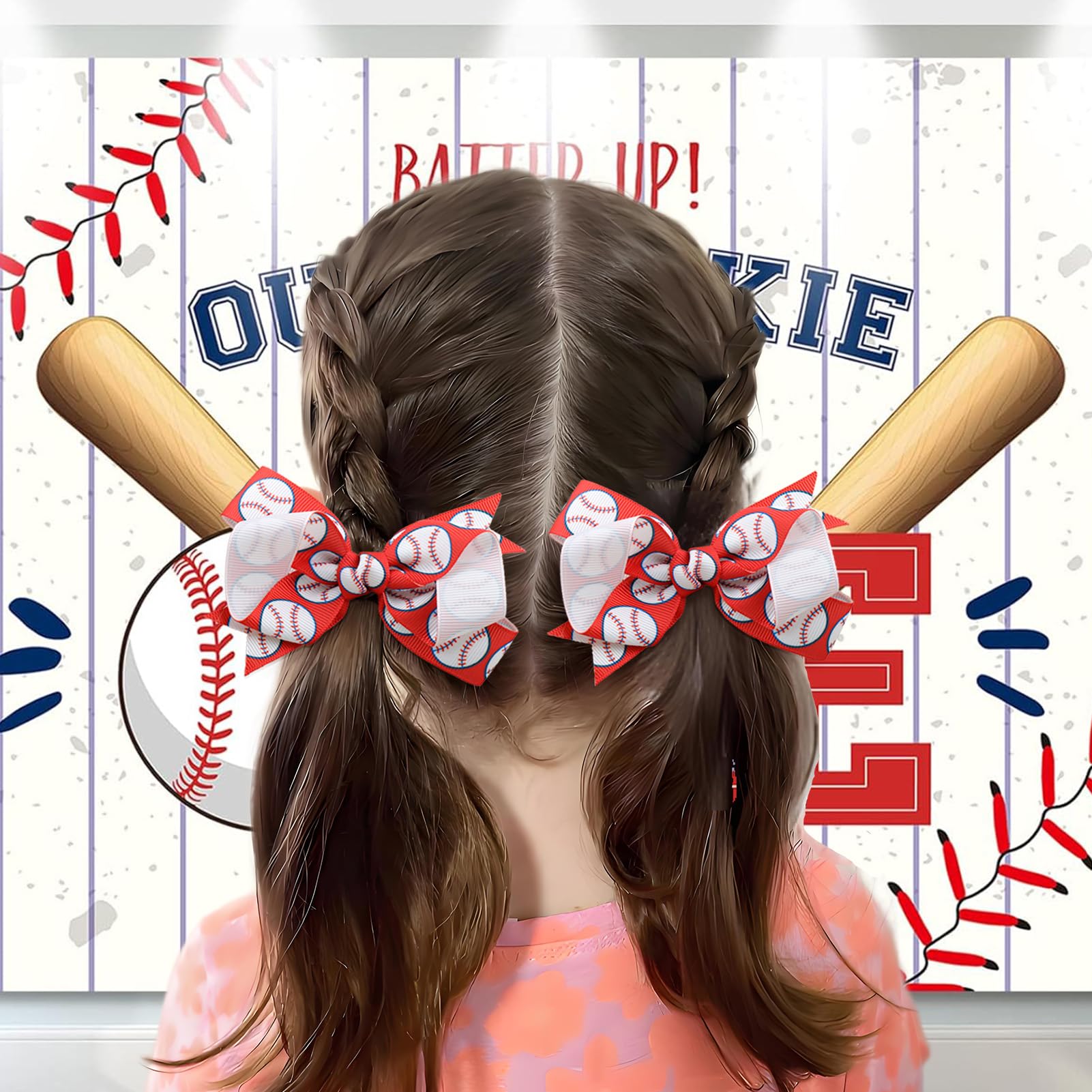 YanJie baseball red bow clip detail emphasizing glossy grosgrain ribbon on hair.