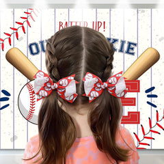 YanJie baseball red bow clip detail emphasizing glossy grosgrain ribbon on hair.