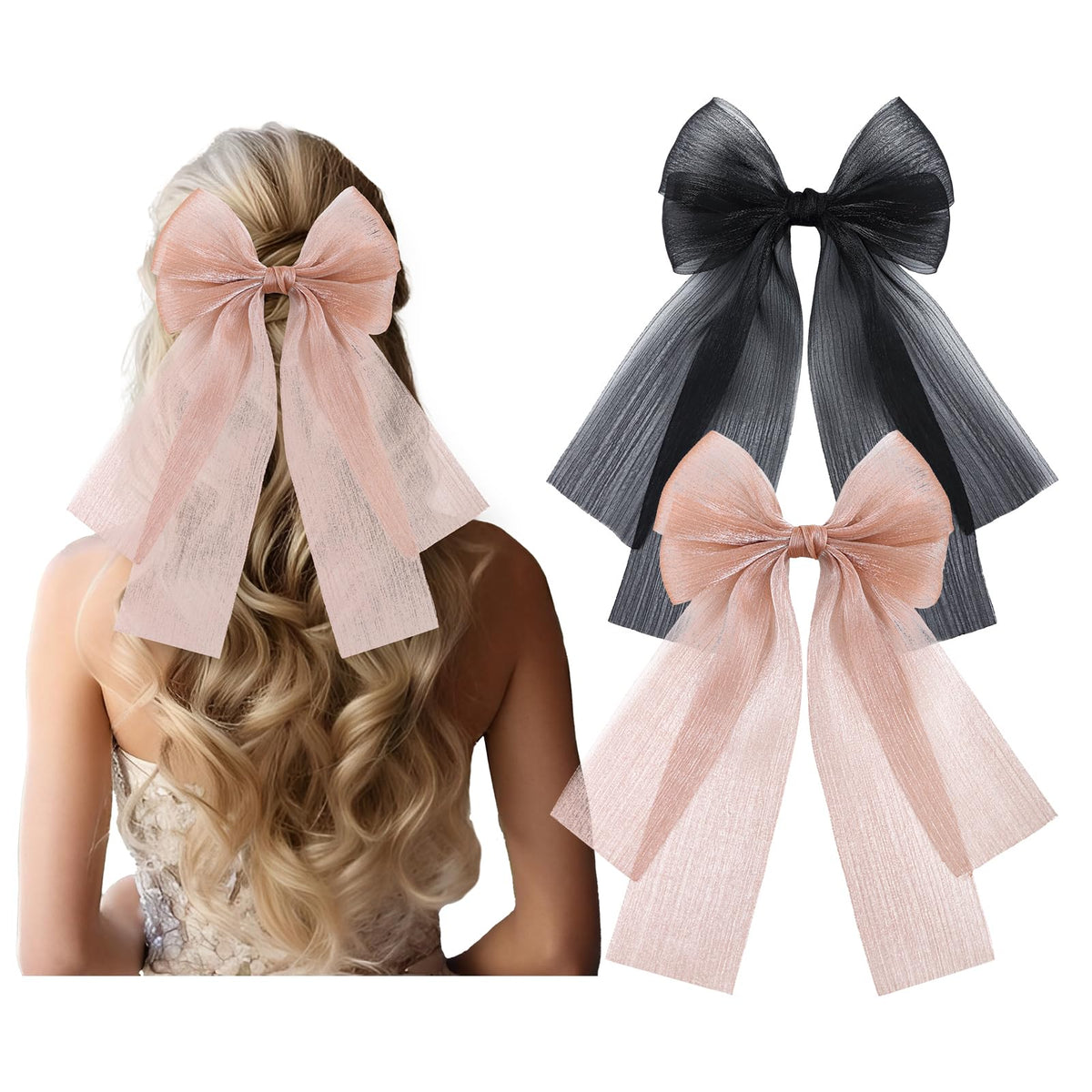 YanJie big hair bows chiffon clip in black adds elegant silhouette to everyday hairstyles.