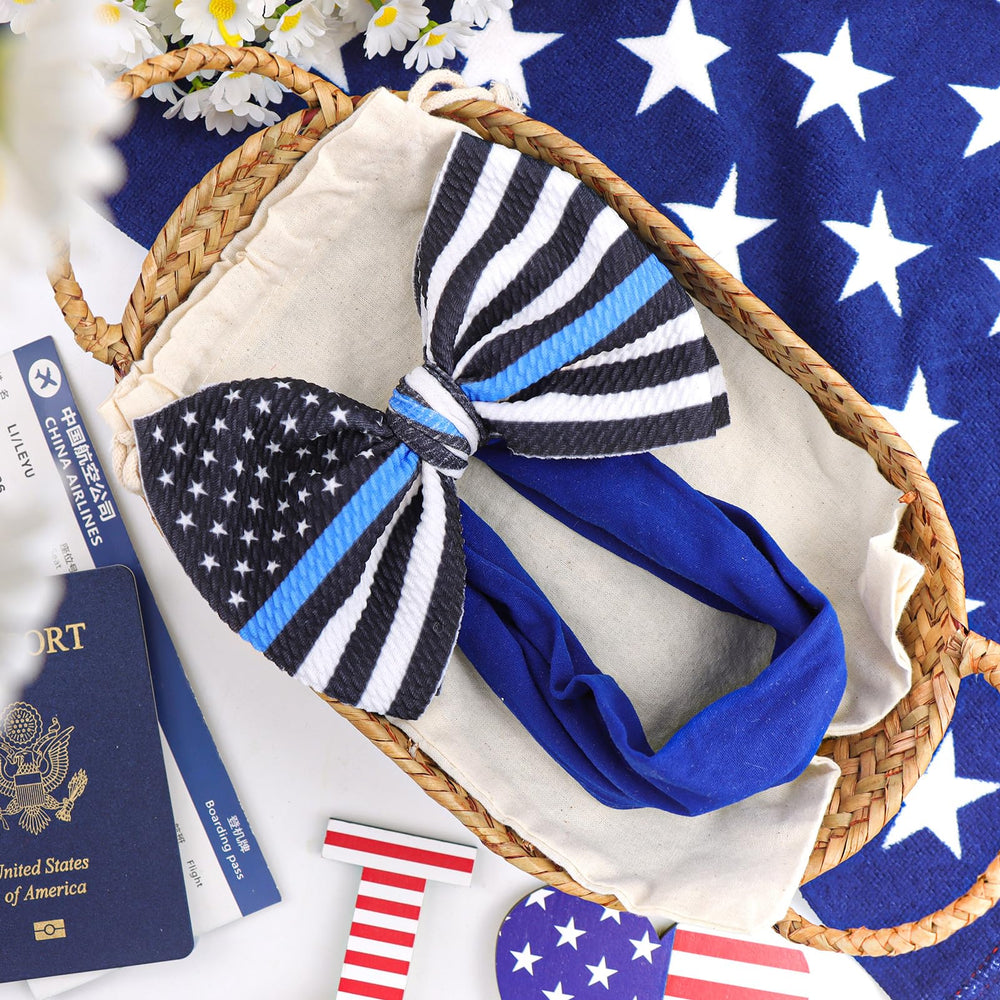 YanJie blue line flag bow closeup; detailed fabric texture.