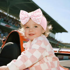 YanJie checkered pink headband bow pattern, versatile fashion for baby outfits.