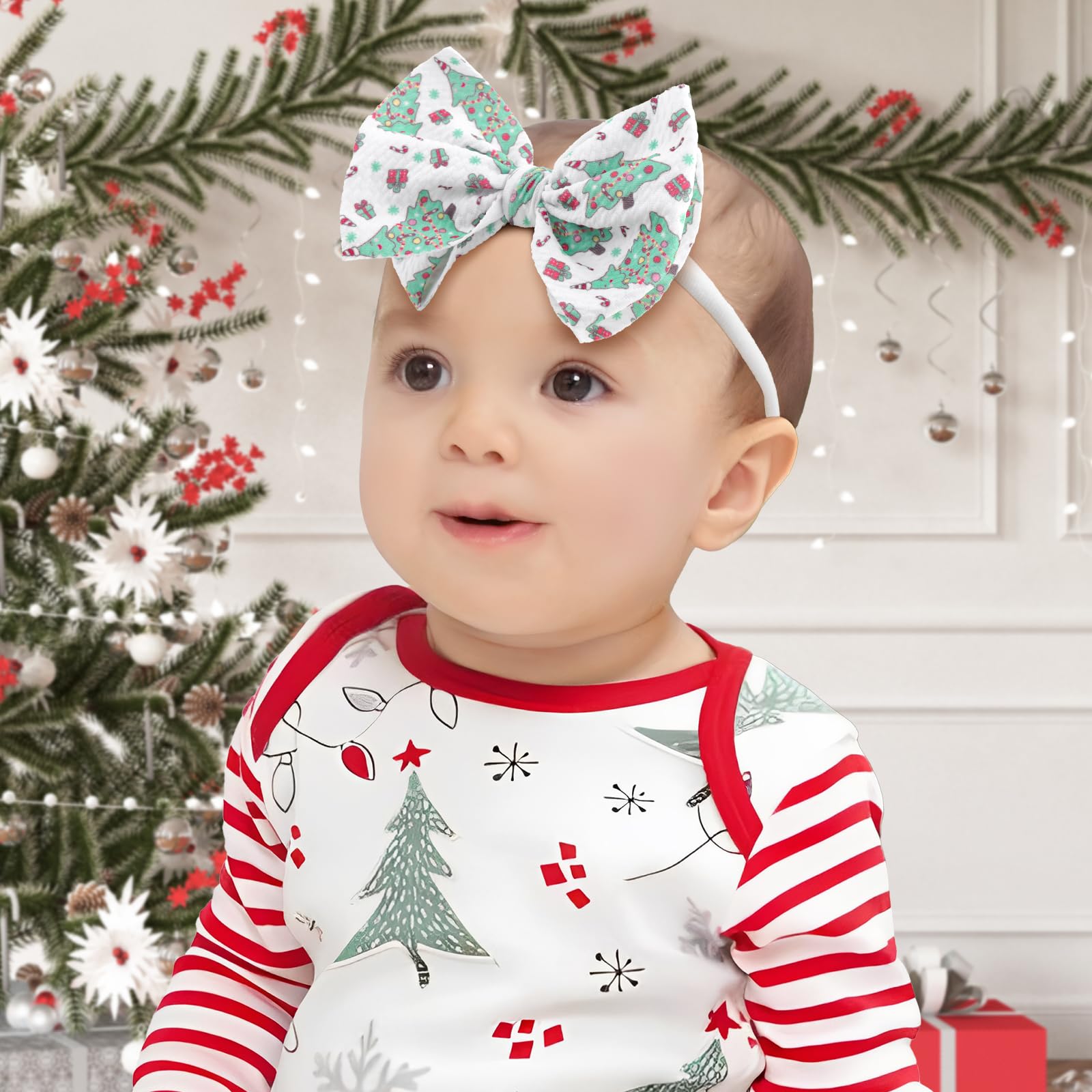 YanJie Christmas bows on green-red ribbon ideal for family photos