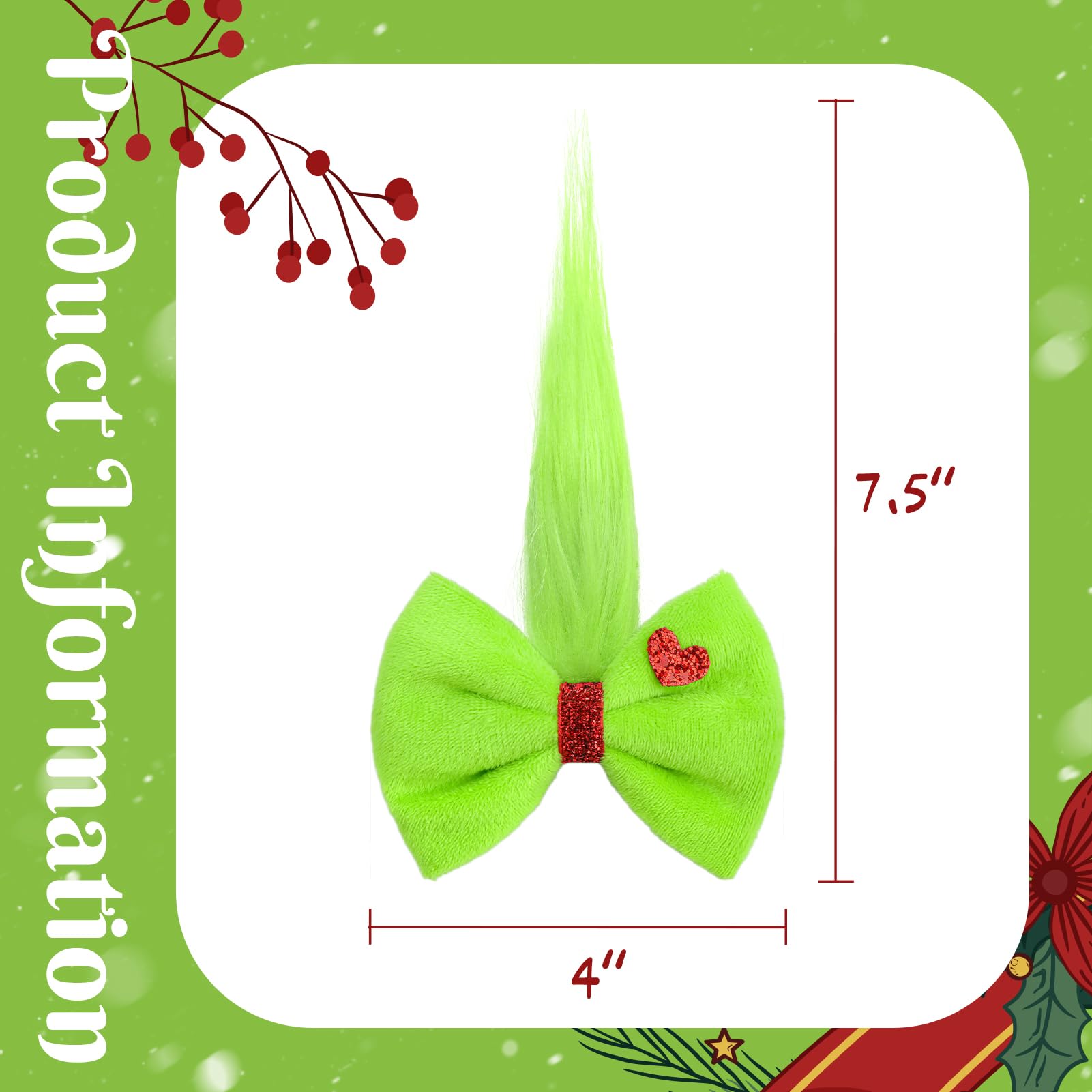 YanJie Christmas hair bow close-up shows fuzzy green fabric for cozy styling.