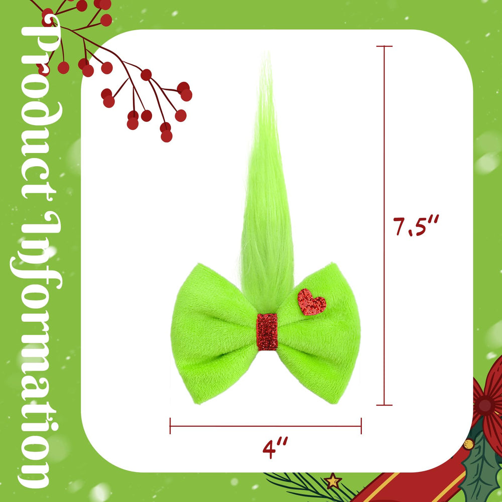 YanJie Christmas hair bow close-up shows fuzzy green fabric for cozy styling.