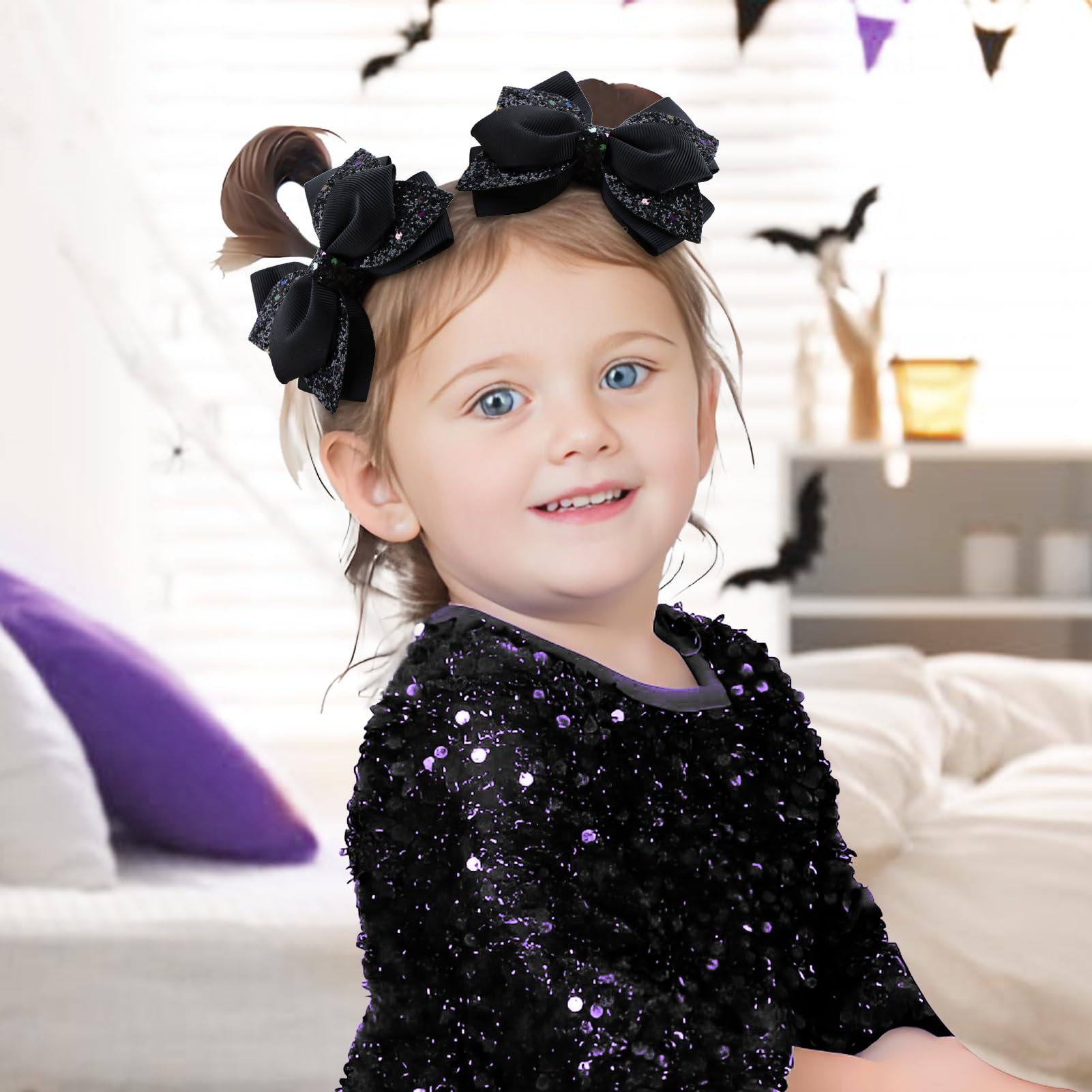 YanJie closeup of black sparkle bow highlights premium shine with no fallout.