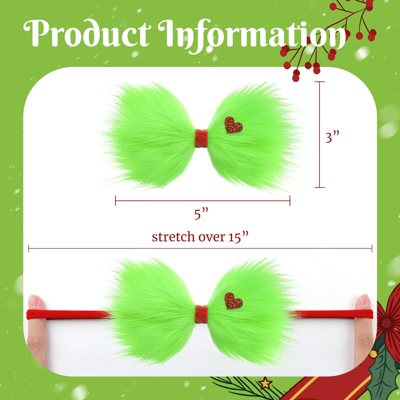 YanJie green Christmas bow with glitter heart detail, a charming everyday or party-ready baby accessory.