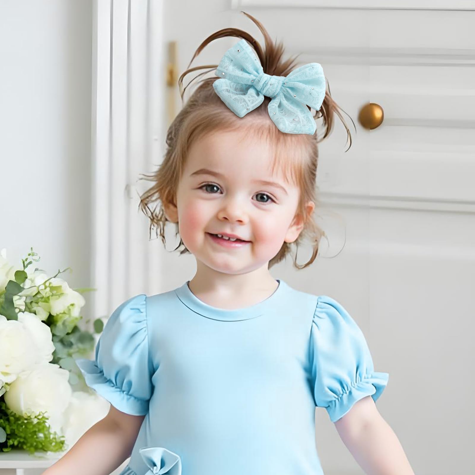 YanJie lace bow clip in light blue enhances party-ready looks with rhinestones.