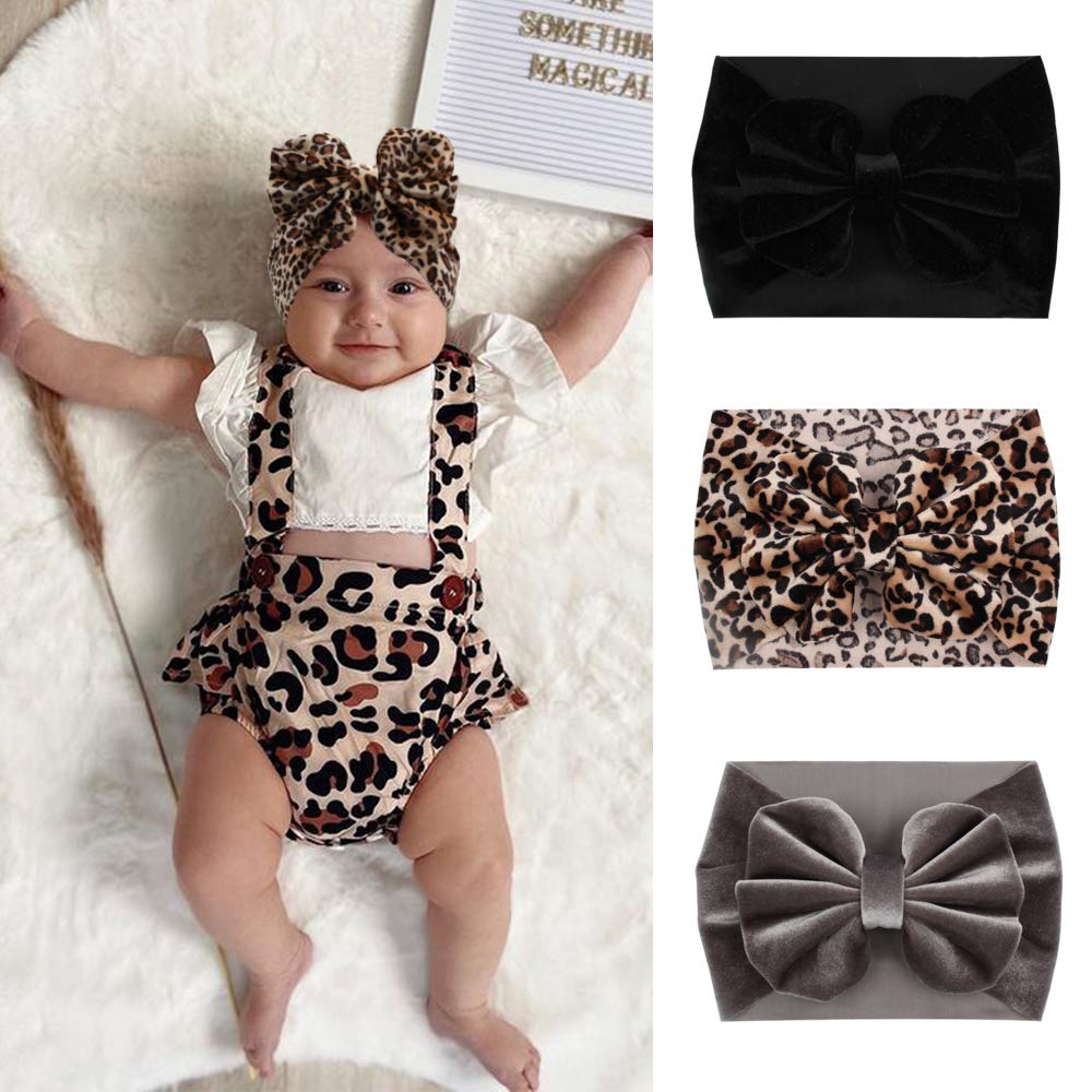YanJie leopard bow headband gray velvet for soft newborn styling