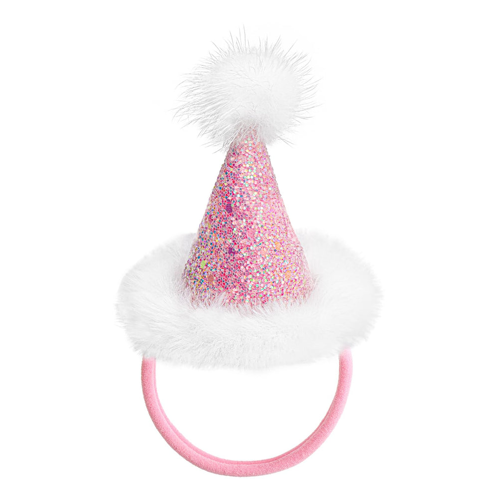 YanJie mini Santa hat pink glitter headband adds festive sparkle to baby hairstyles.