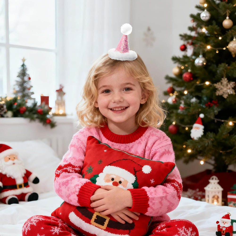 YanJie pink glitter hair clip on head adds festive sparkle.